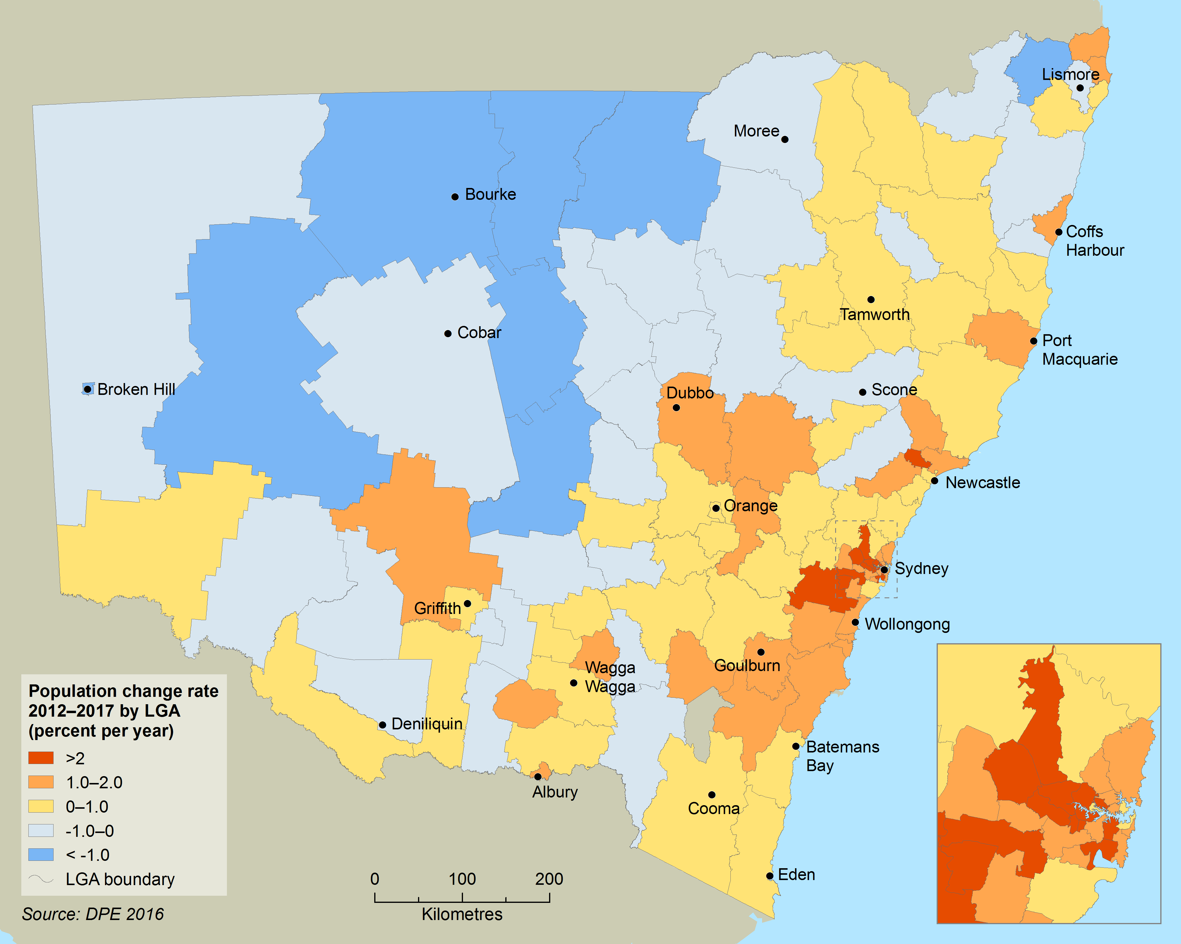 Map of NSW showing population change, with most growth occurring in north west and south west Sydney regions, and least change occurring in north west and western NSW