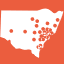 Graphic of NSW with dots denoting towns and cities
