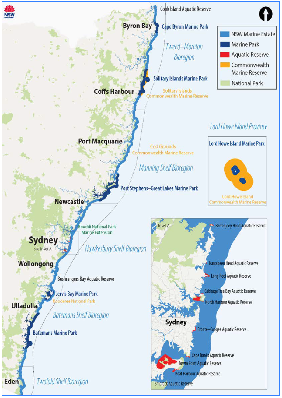 Map showing marine parks and aquatic reserves along the NSW coast with more detailed inserts of Sydney coastline and Lord Howe Island