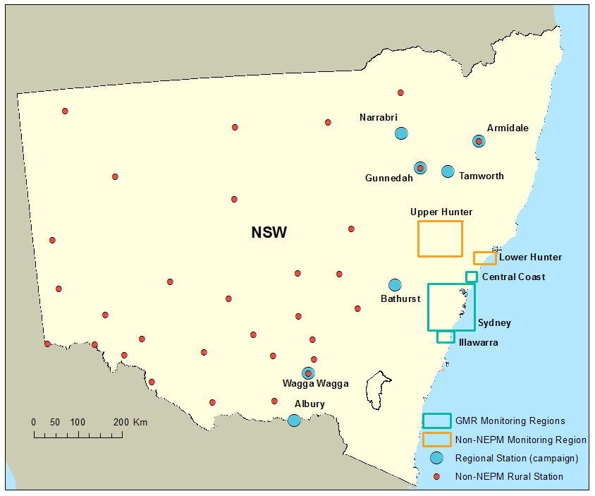 Map showing locations of air monitoring stations in New South Wales