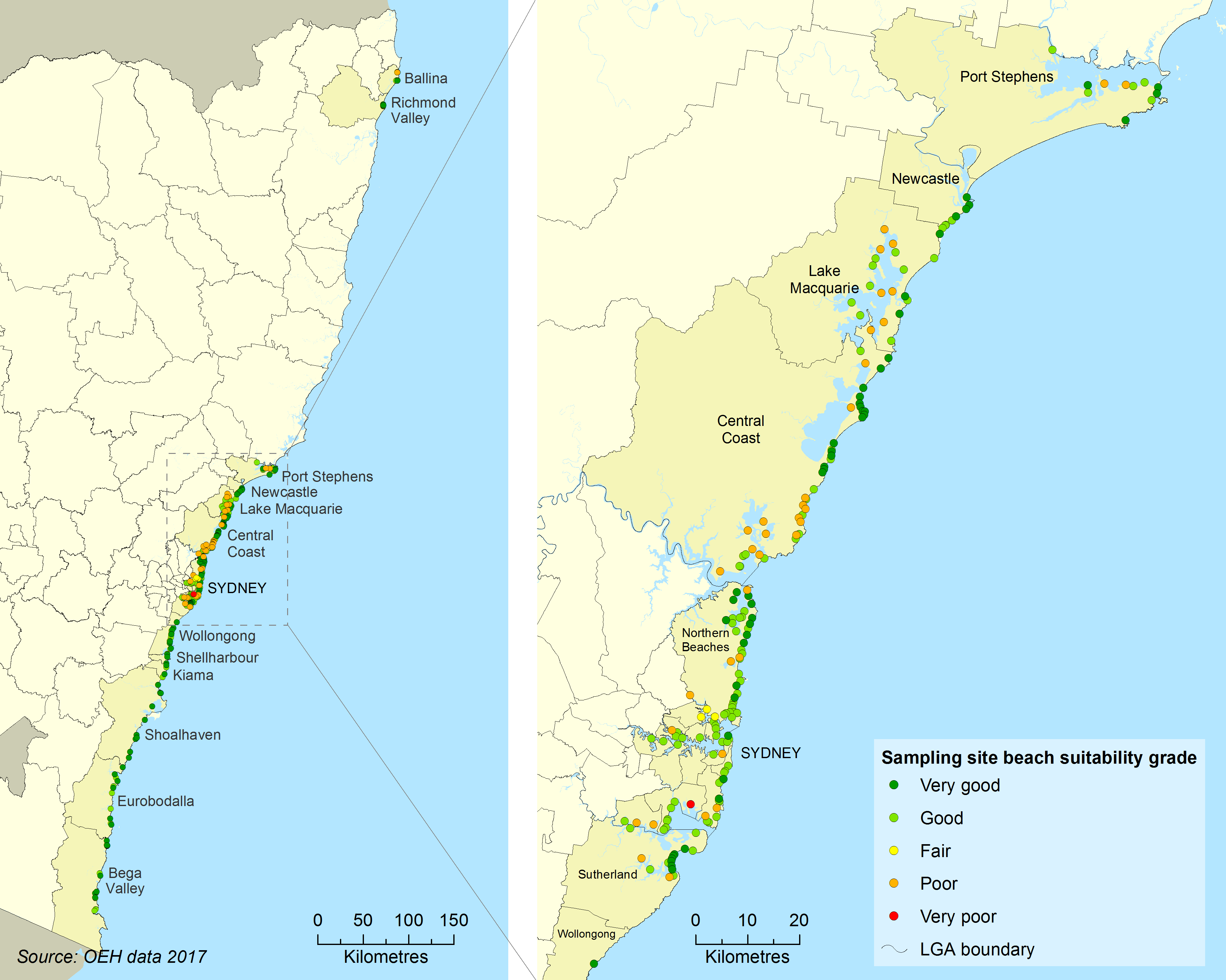 Map showing water quality ratings for beaches in NSW