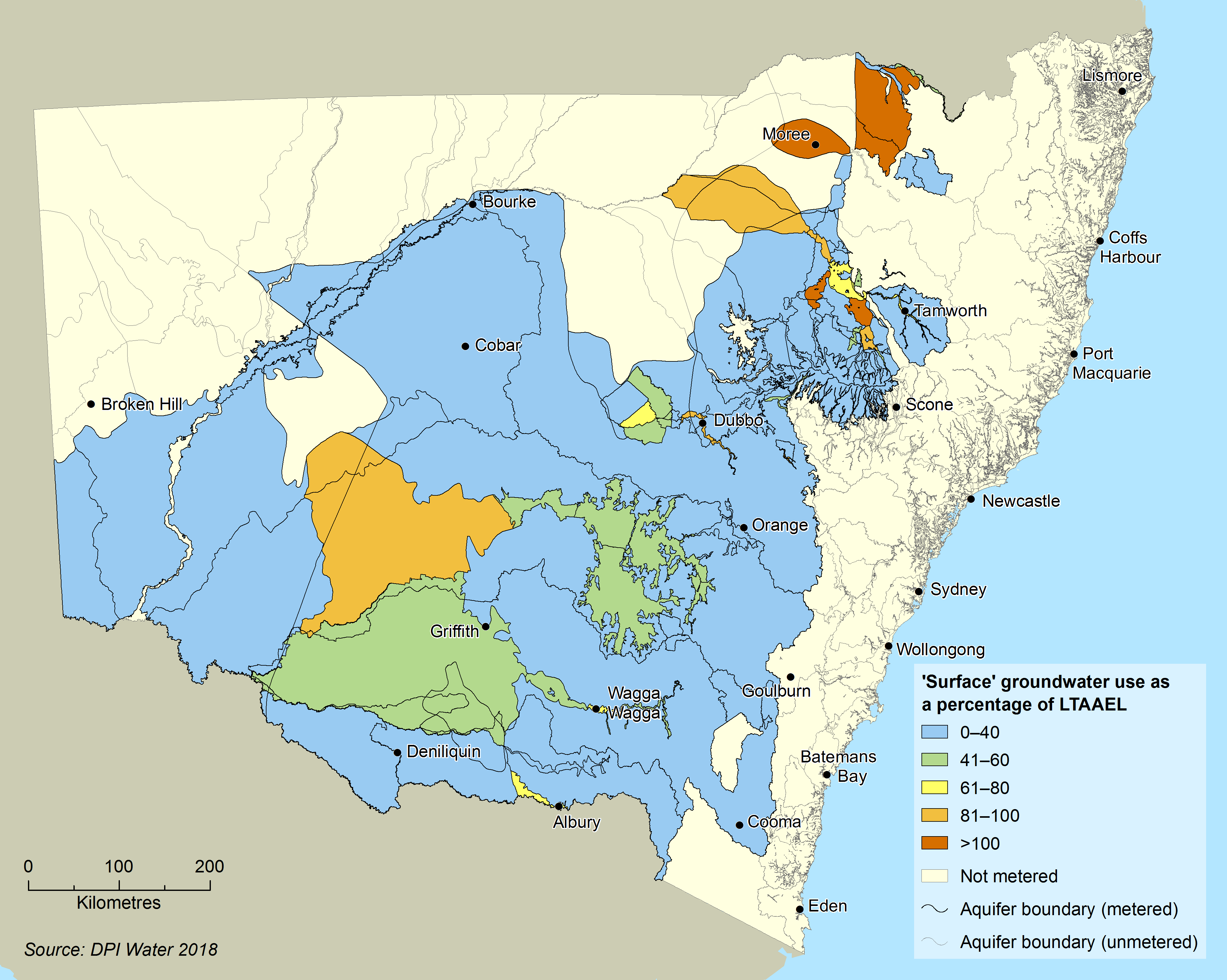 Map showing areas of NSW where groundwater is extracted from surface aquifers
