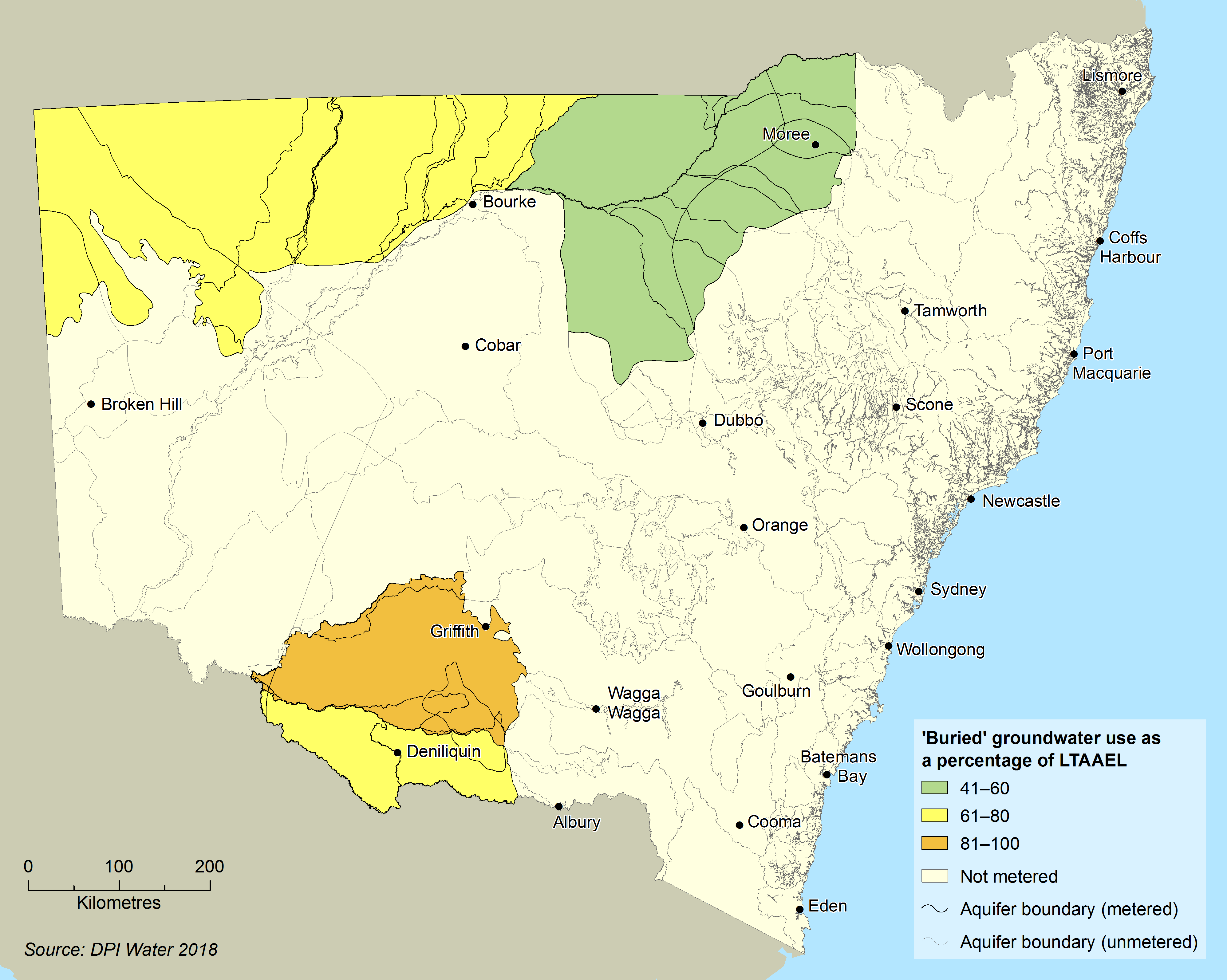 Map showing areas of NSW where groundwater is extracted from buried aquifers