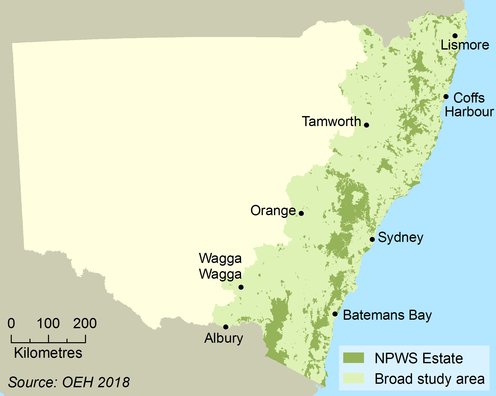 Map showing study area of WildCount program - NPWS reserves along the east coast of NSW