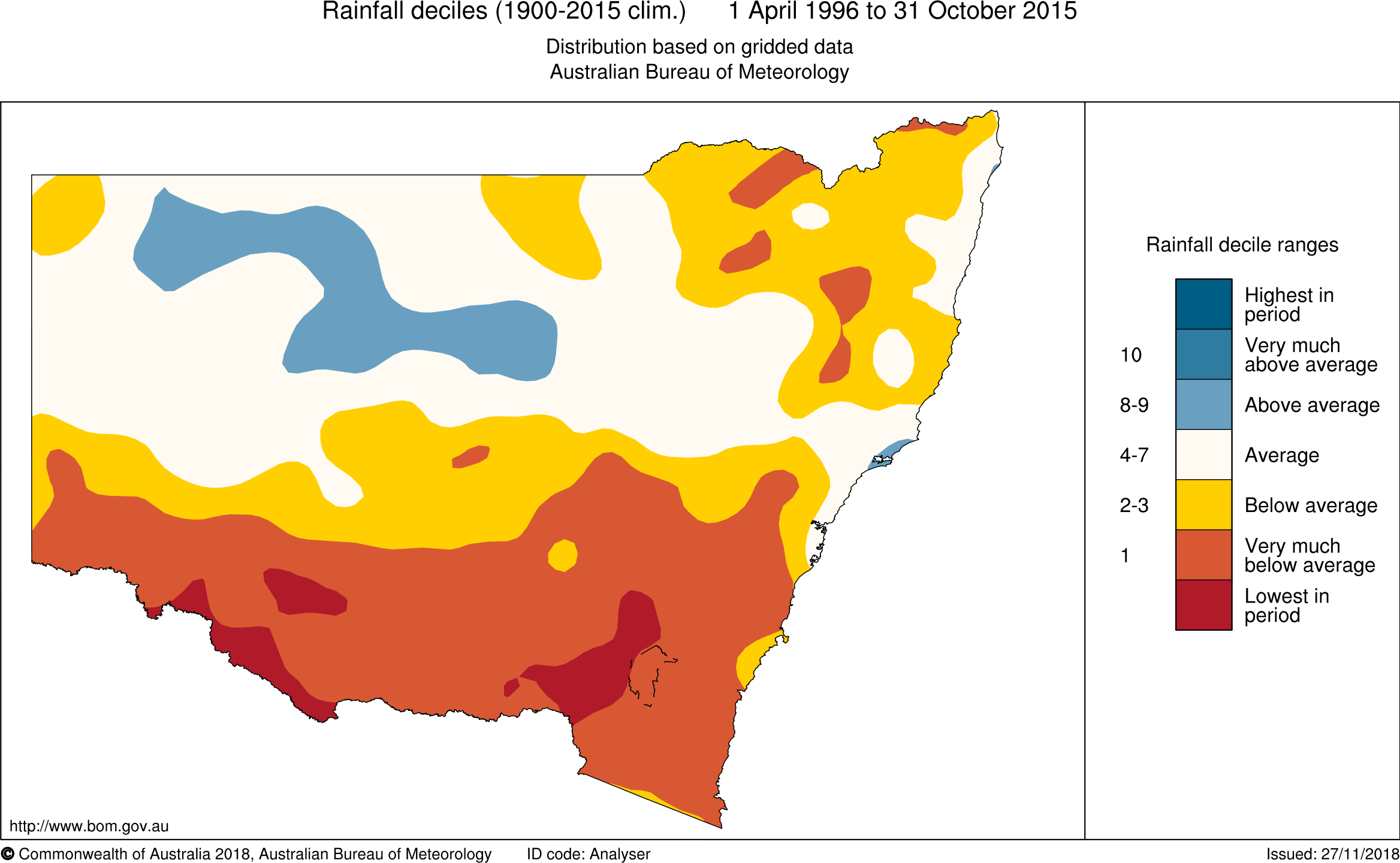 Map image showing variation in winter rainfall (across Australia). Lower than average rainfall - red and yellow areas occur across the southern half of NSW and in the North east. 