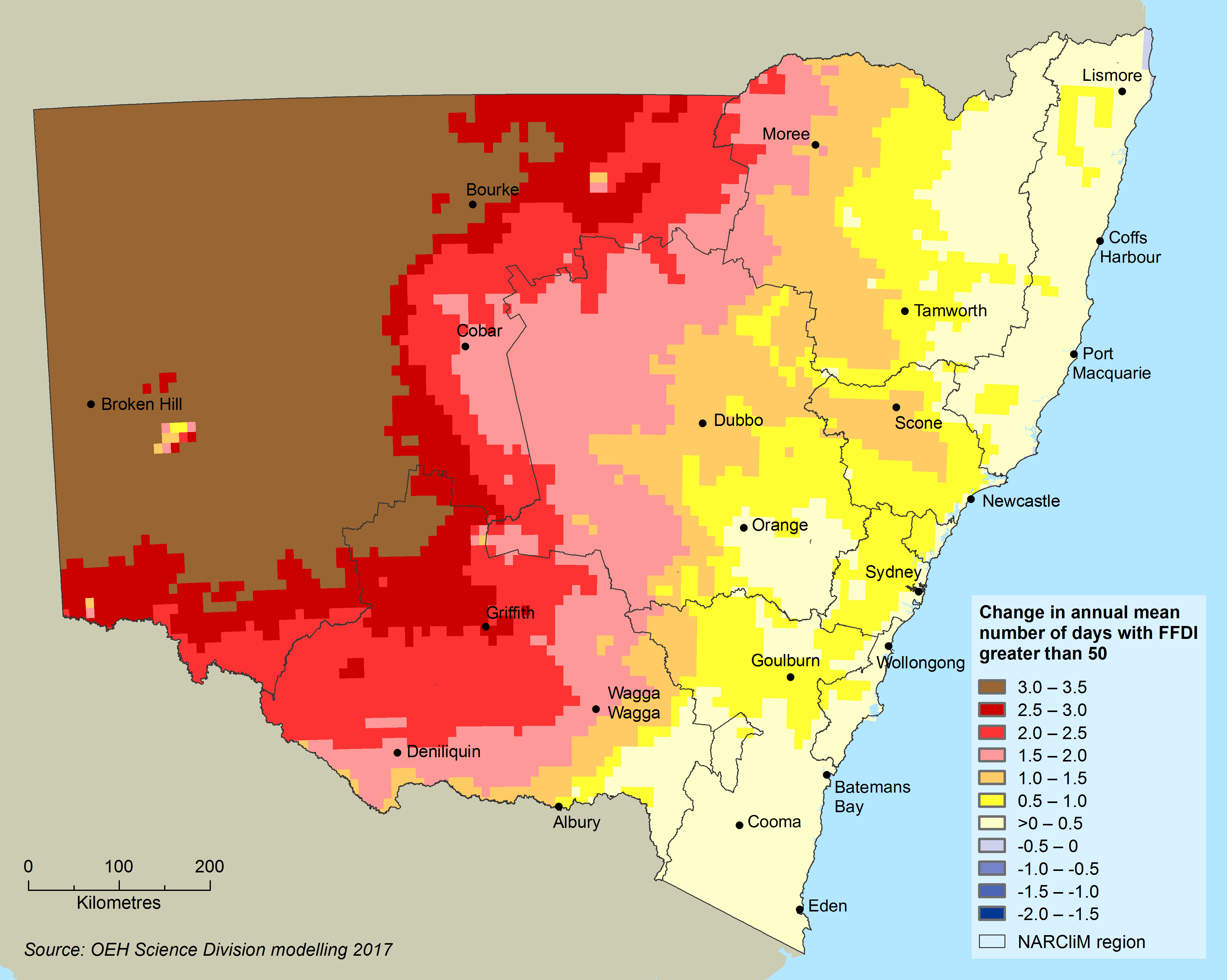 Map showing the change in sever fire weather days across NSW, with the highest areas (brown) across the west of the state - grading from red to yellow (lower increases) from the west to the east (coast) of NSW