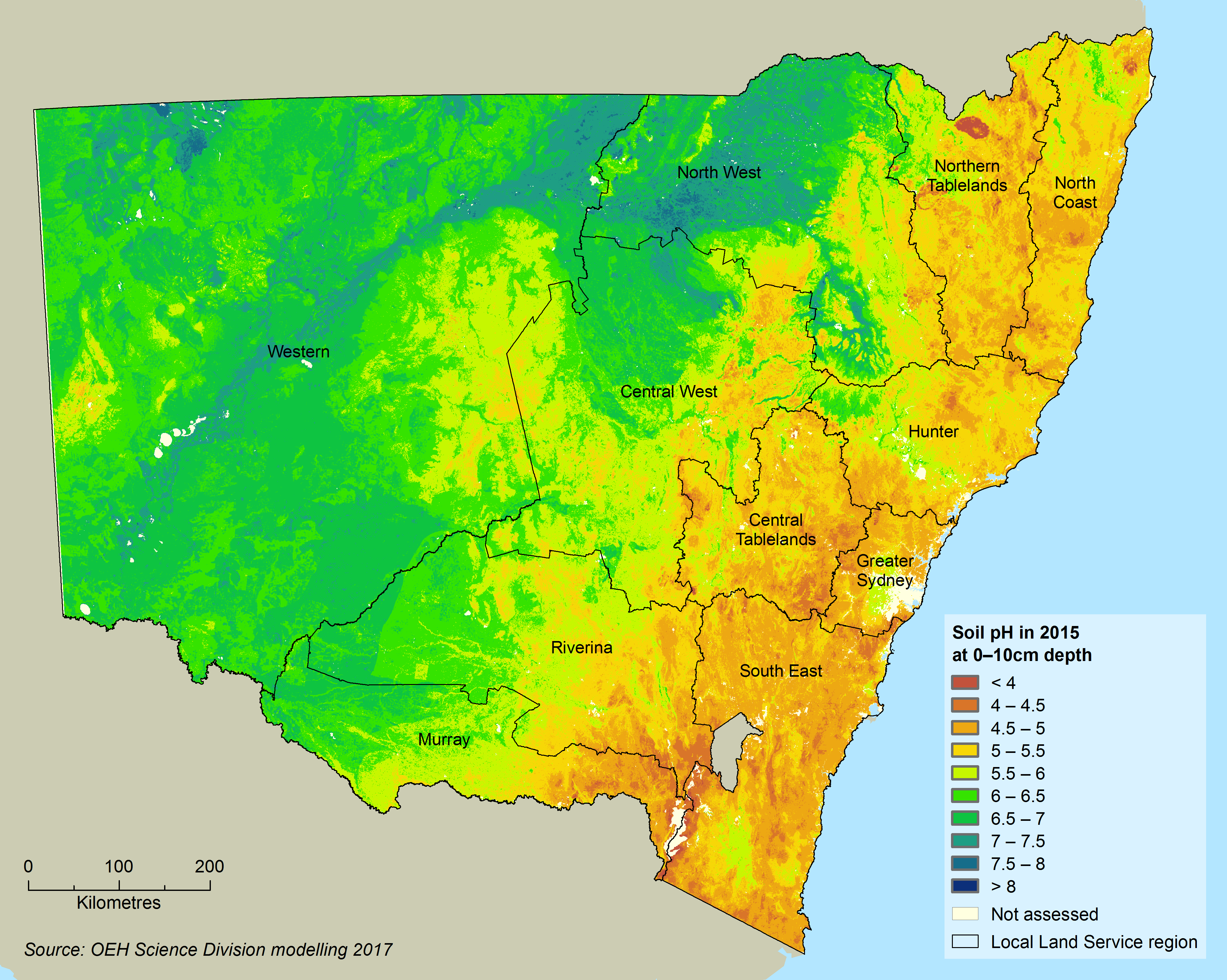 Map showing variation in pH levels across NSW with basic high pH (basic) soils across the west grading to more acidic soils along the coastal plains and ranges in the east 