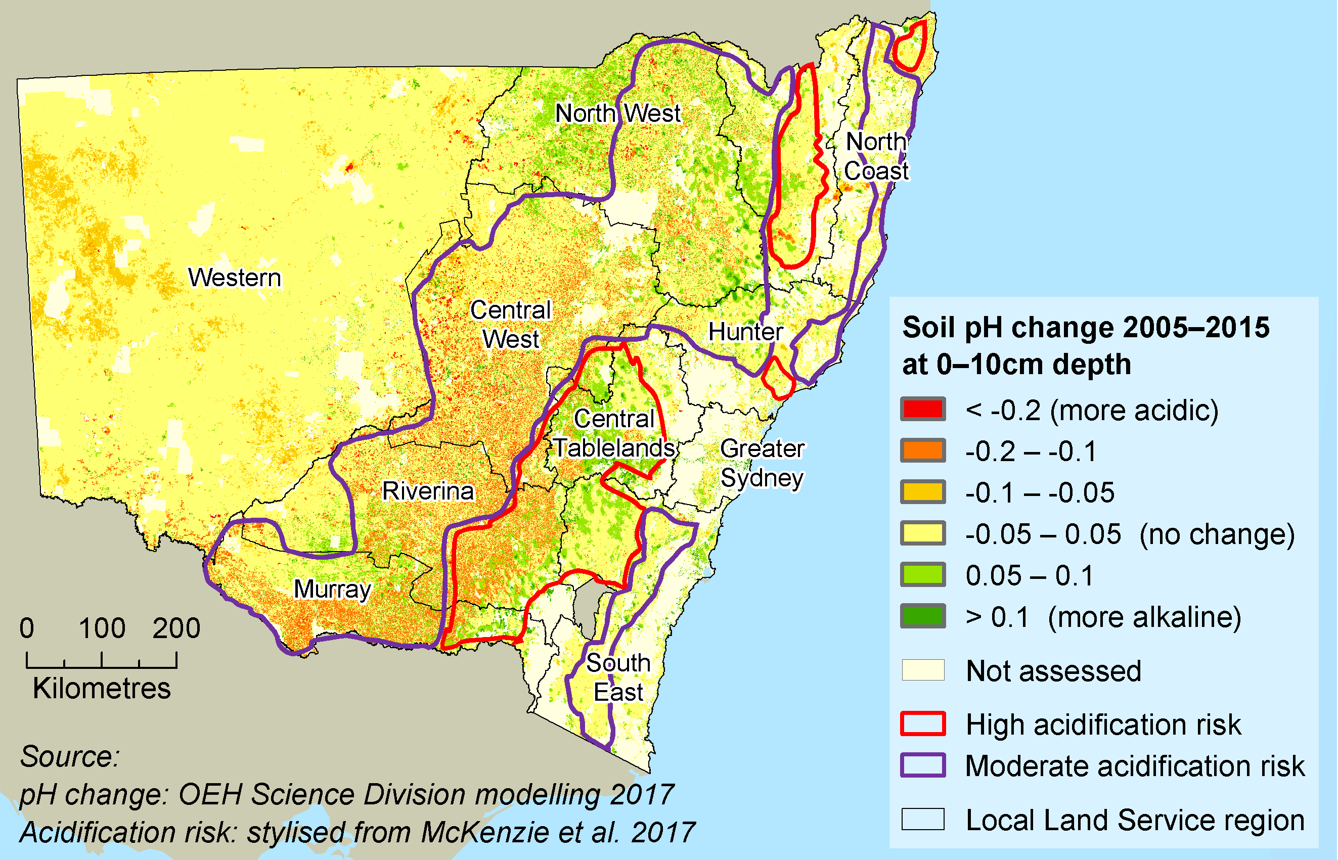 Map showing area of change in pH over the past 10 years, with little change in the west and the greatest change in the western slopes and plains of the central ranges and the north-east