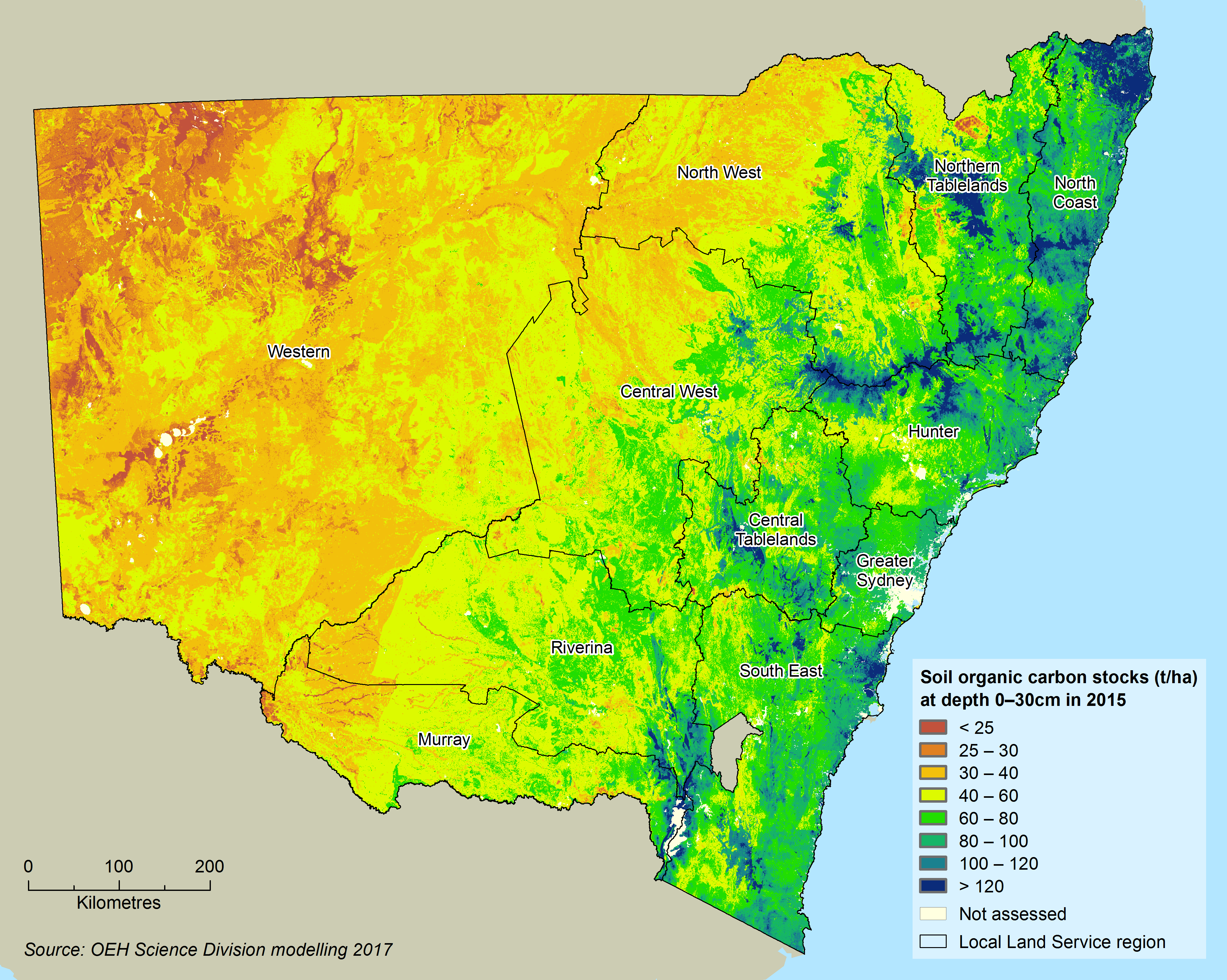 Map showing soil organic carbon levels in NSW, with low levels in the west grading to high levels along the coastal plains and ranges