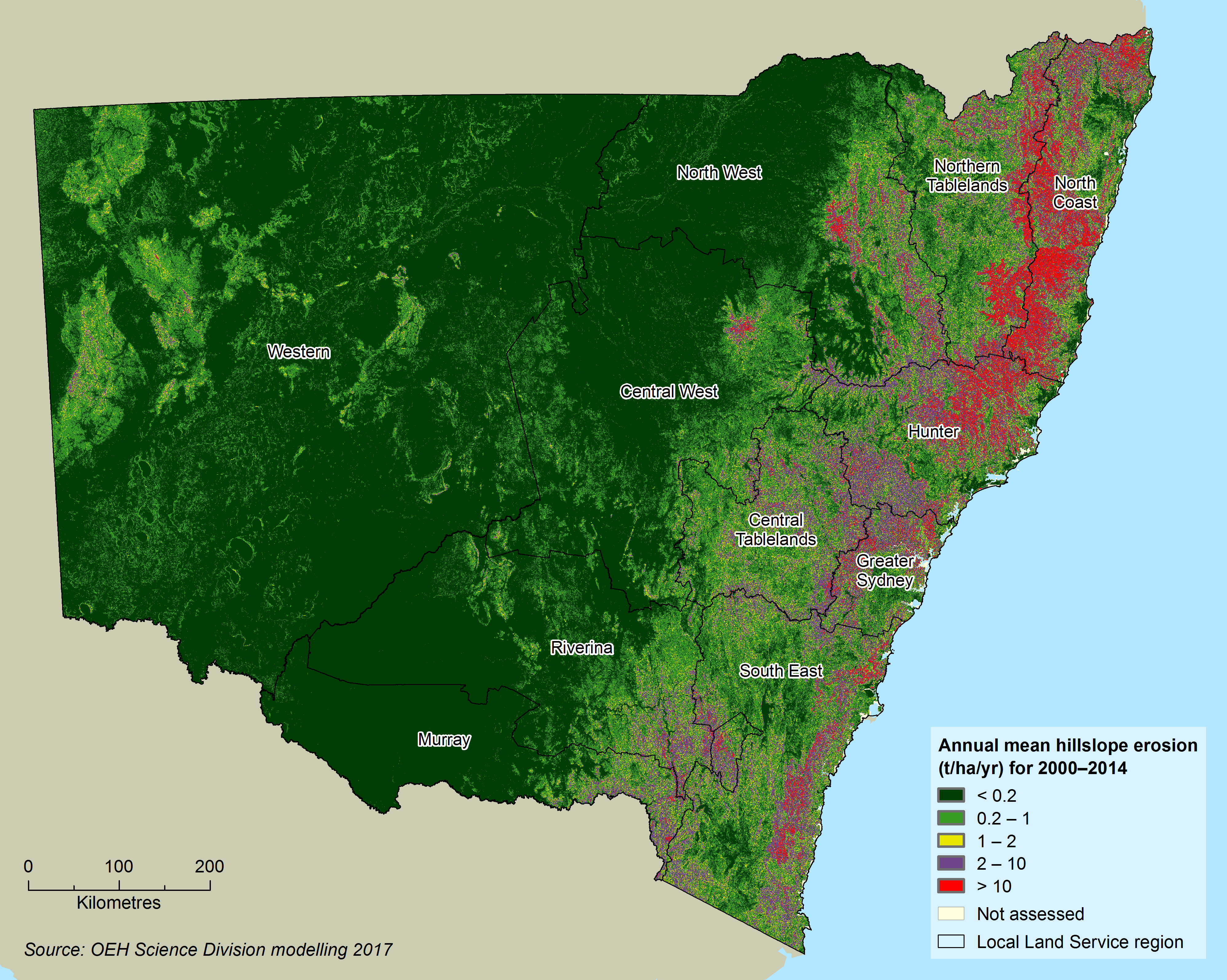 Map of hillslope erosion across NSW, with low levels in the west and high levels on the ranges and north-east coastal regions