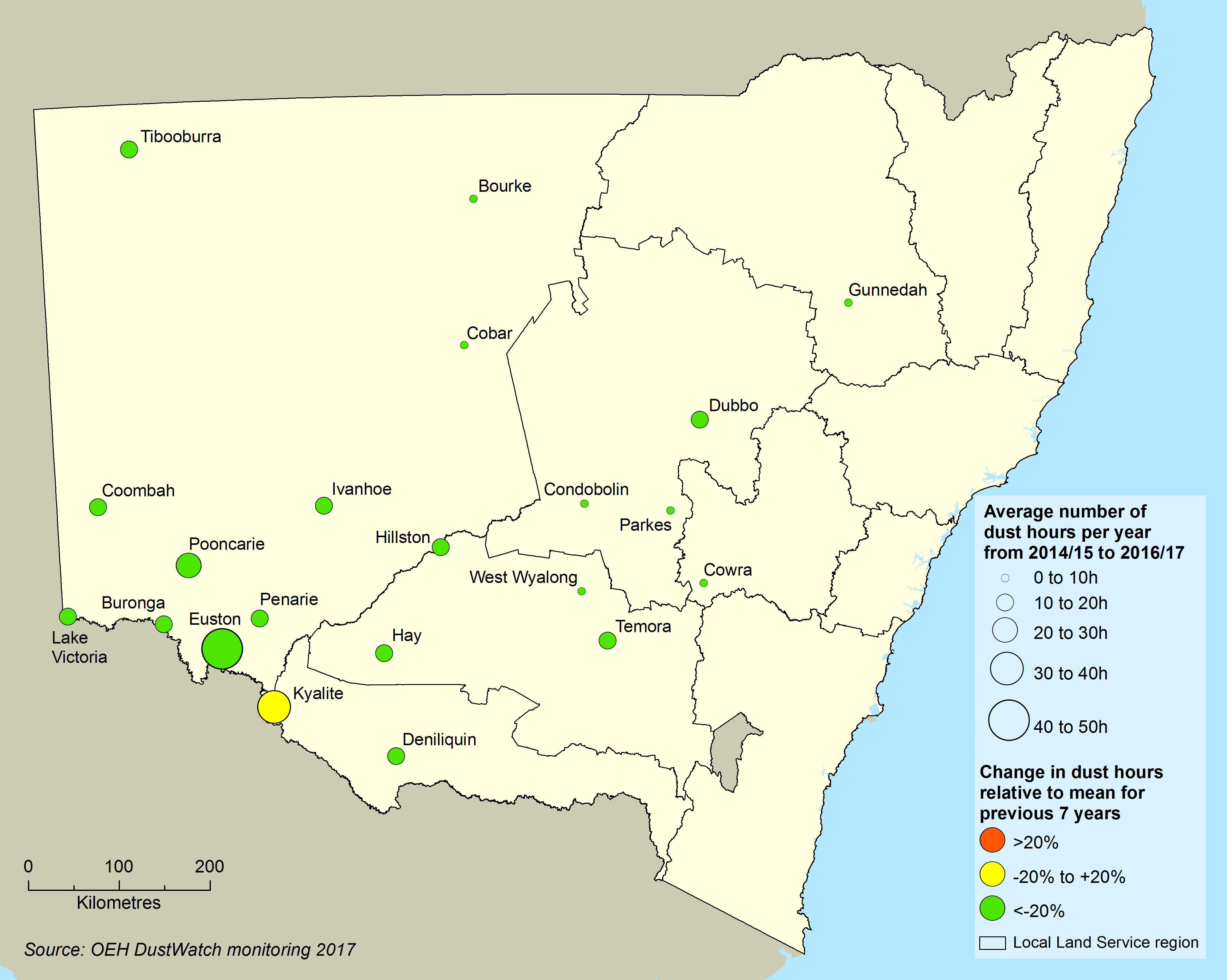 Map showing levels of dust monitored at 20 sites across central and western sites. Several sites in the south-west have higher levels than other sites.