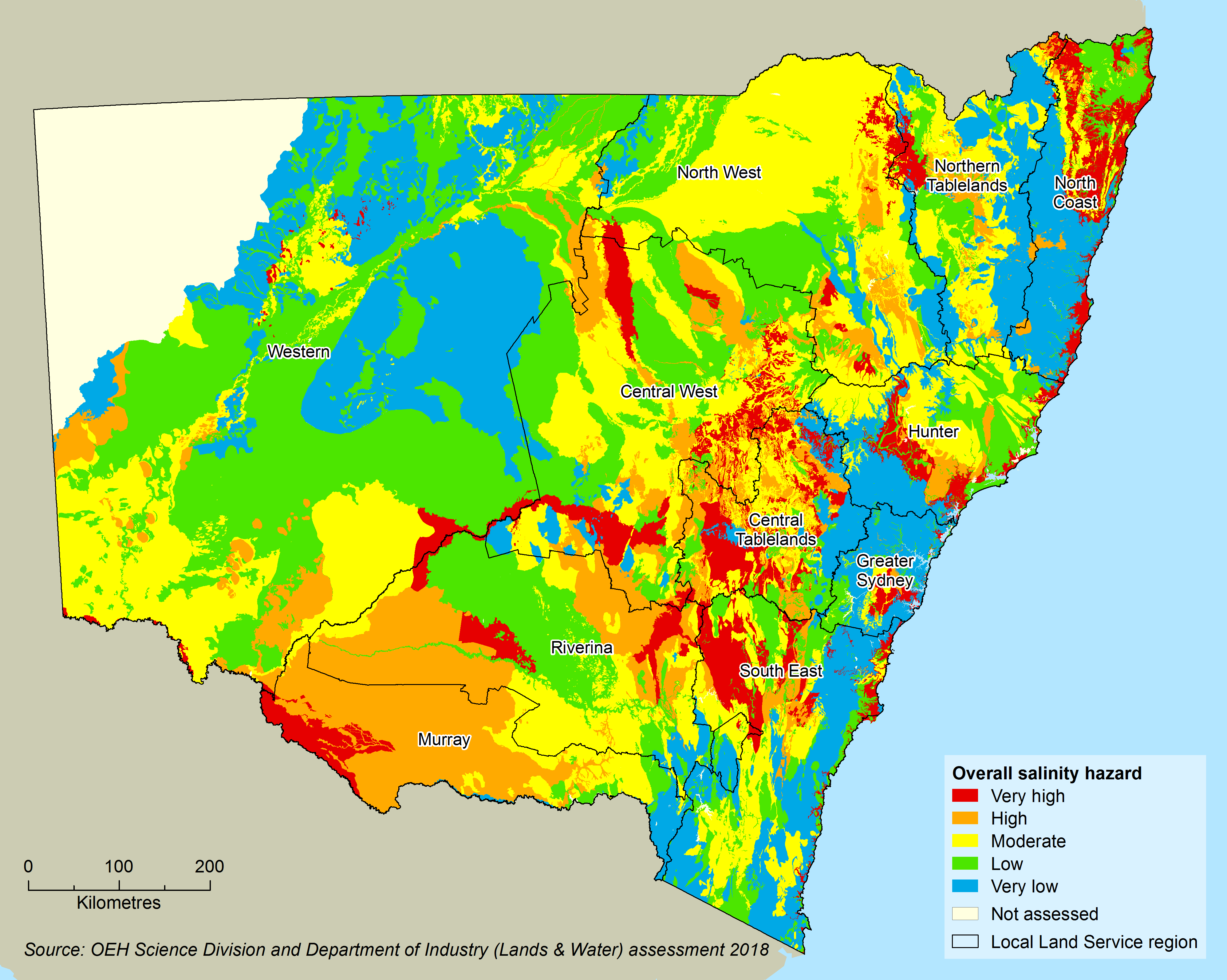 Map of salinity hazard across NSW (excluding the NW). Areas of high and low salinity are quite variable across NSW