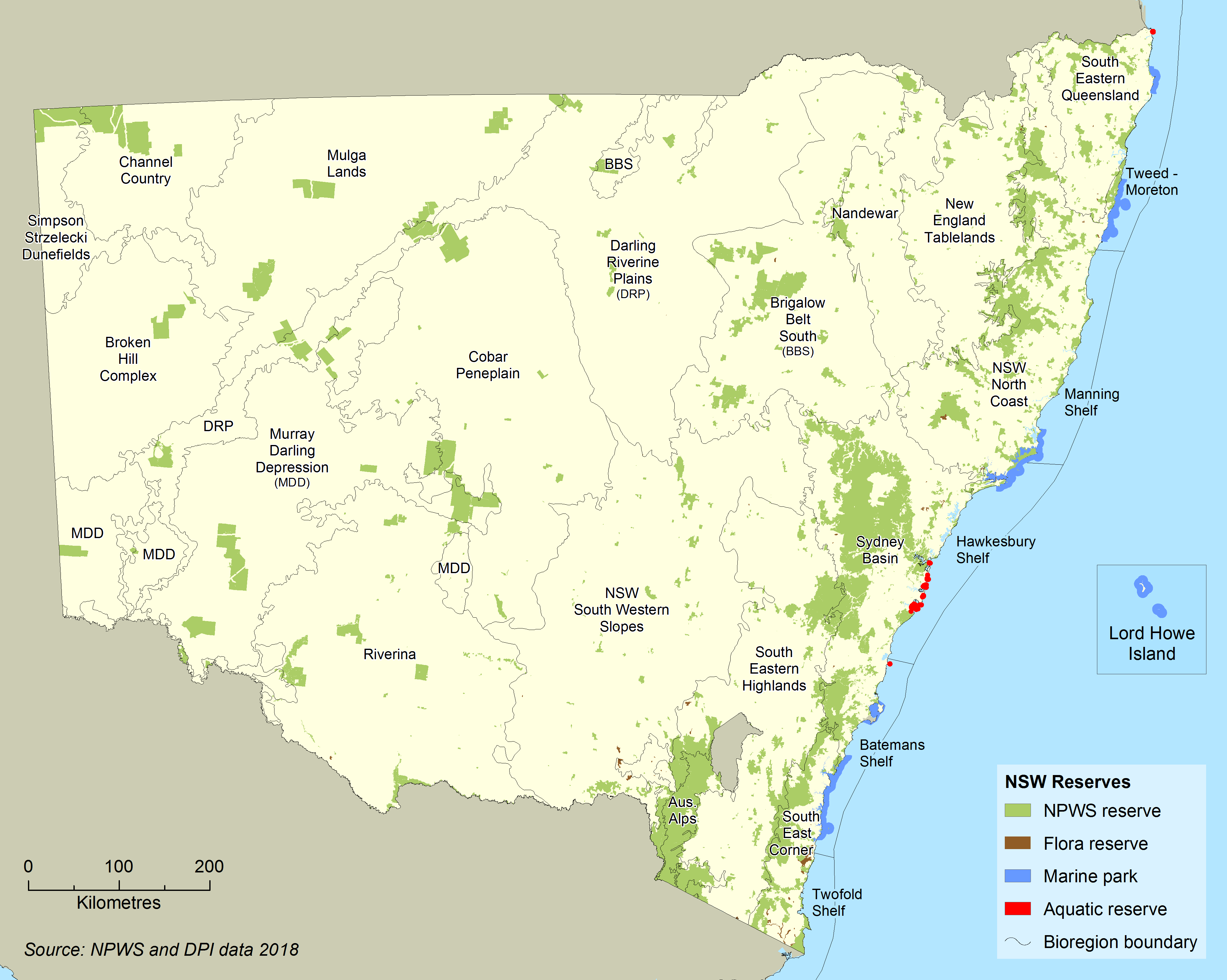 Map of New South Wales showing NPWS reserves, flora reserves, marine parks and aquatic reserves