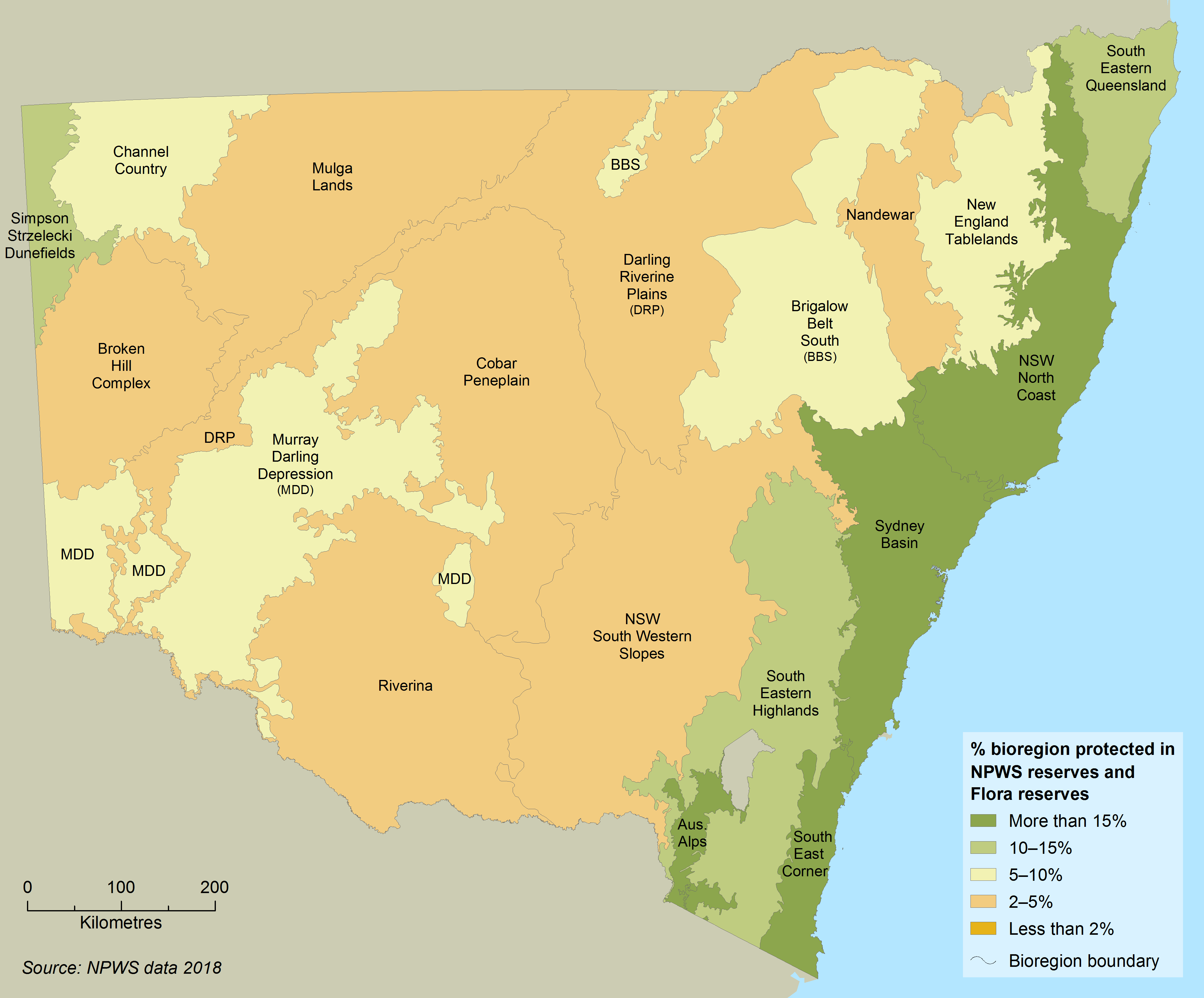 Map showing the density of bioregions protected in NSW Parks and Wildlife Services reserves and Flora reserves. The eastern coastline of NSW has the highest % (at over 10%) while central and inland NSW has a lower % with most sitting between 2-5% and some areas (including the Murray Darling Depression, Brigalow Belt South and the New England Tablelands) having between 5 to 10% protected. 