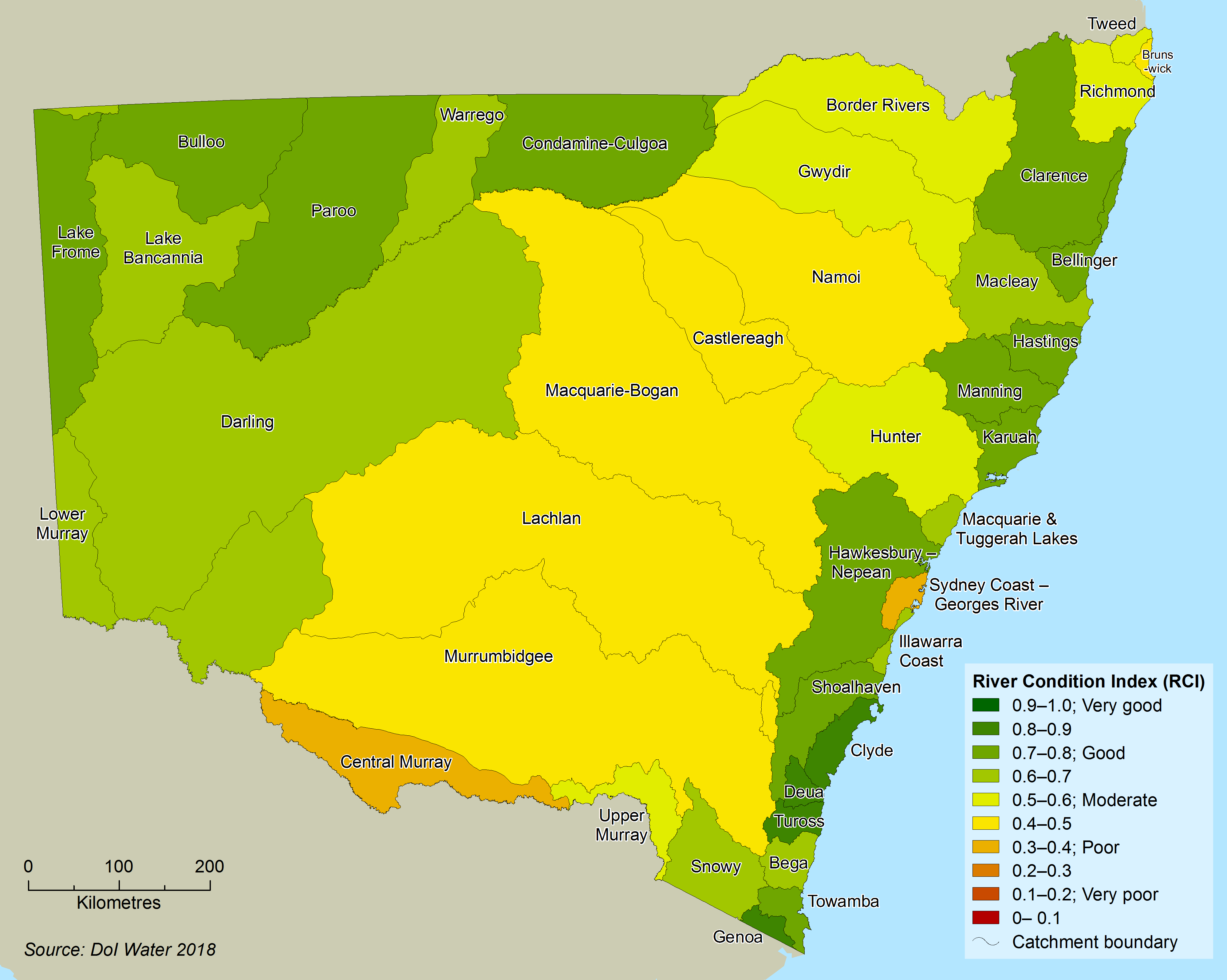 Map of River condition index by river catchment showing condition in increments of 0.1 from 0 to 1. Most river catchments in the central part of NSW are moderate, coastal and north-west catchments outside the Murray_Darling basin  are in better condition.