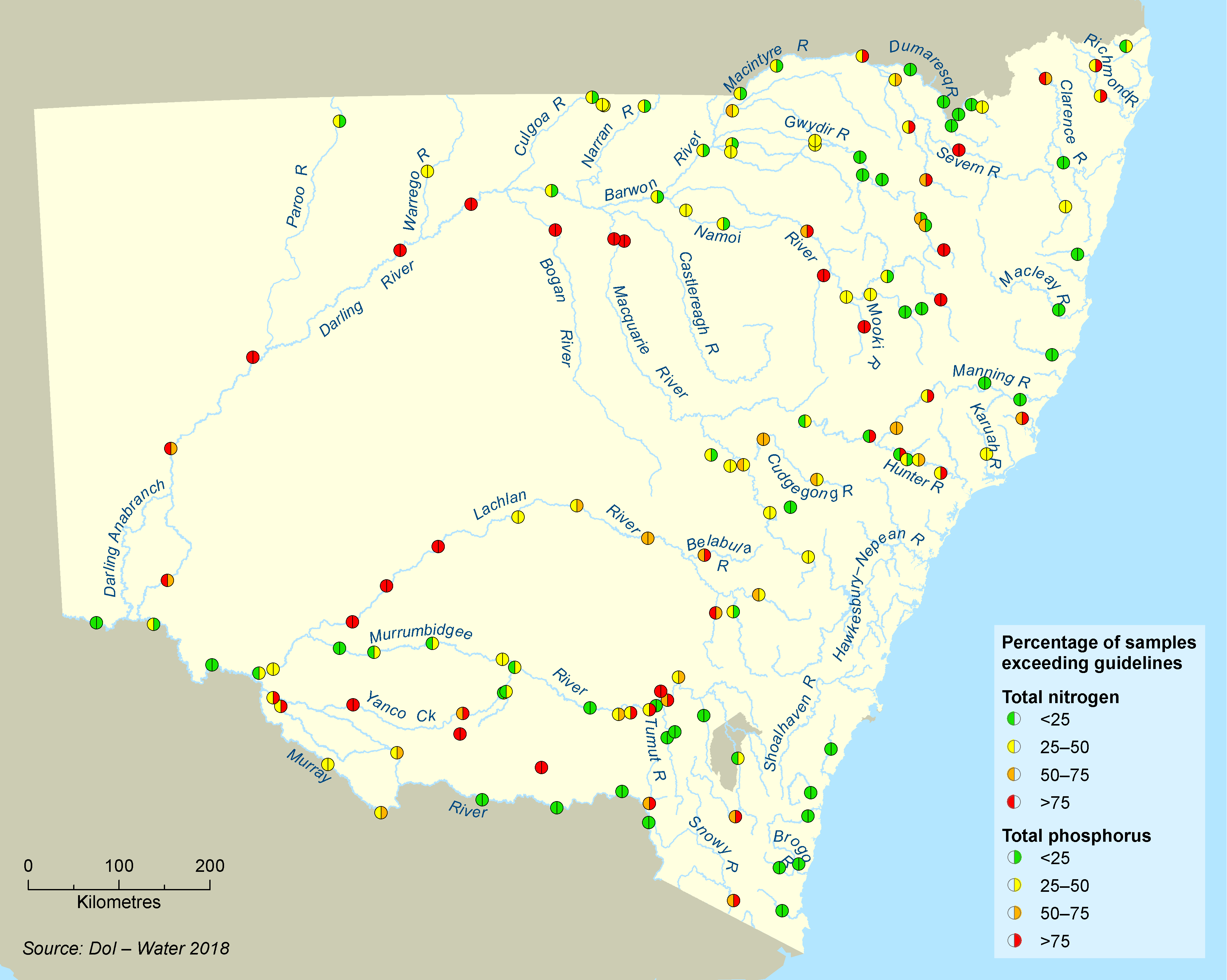Map of nitrogen and phosphorus exceedences at monitoring sites on rivers across NSW with the nitrogen rating denoted on the left side of a small circle, phosphorus on the right side of the circle 