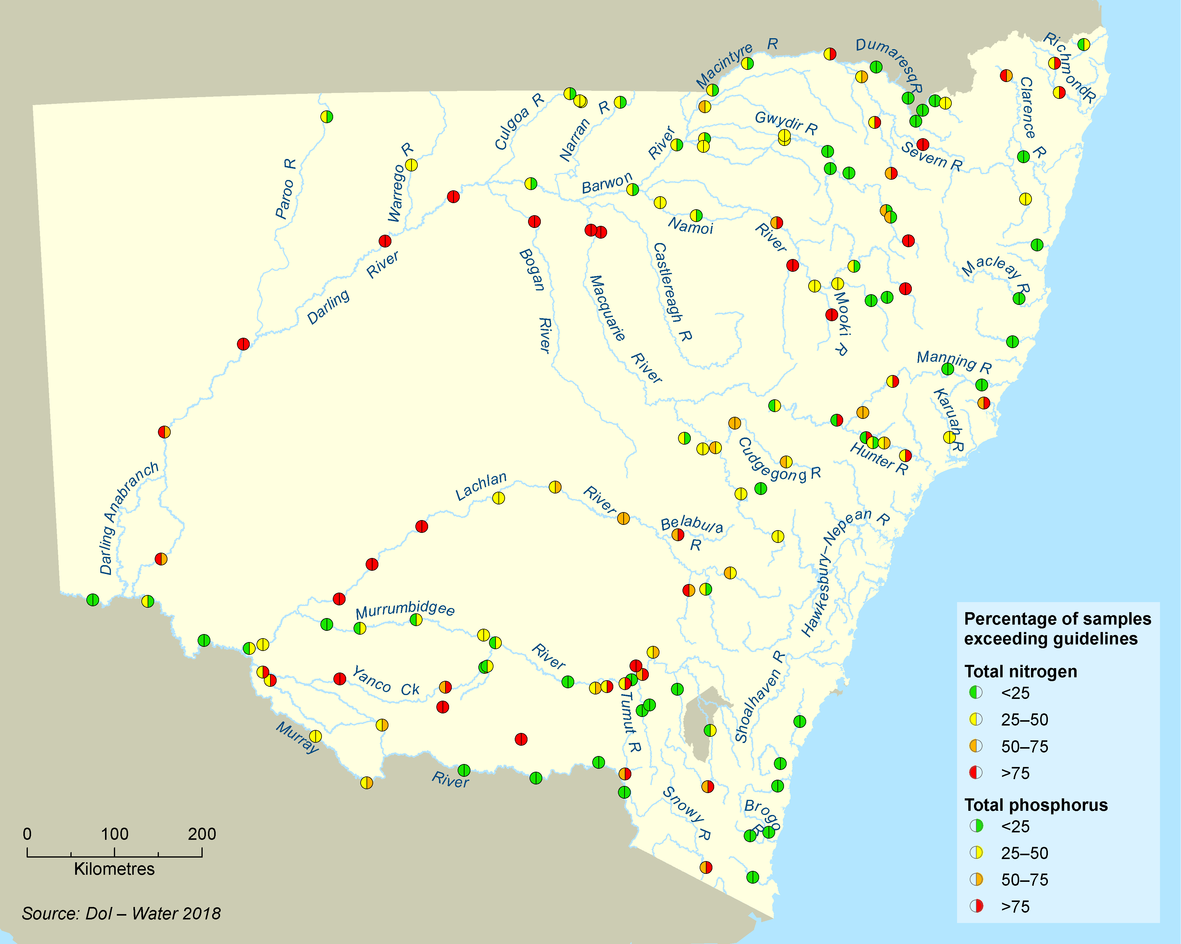 Map of nitrogen and phosphorus exceedences at monitoring sites on rivers across NSW with the nitrogen rating denoted on the left side of a small circle, phosphorus on the right side of the circle