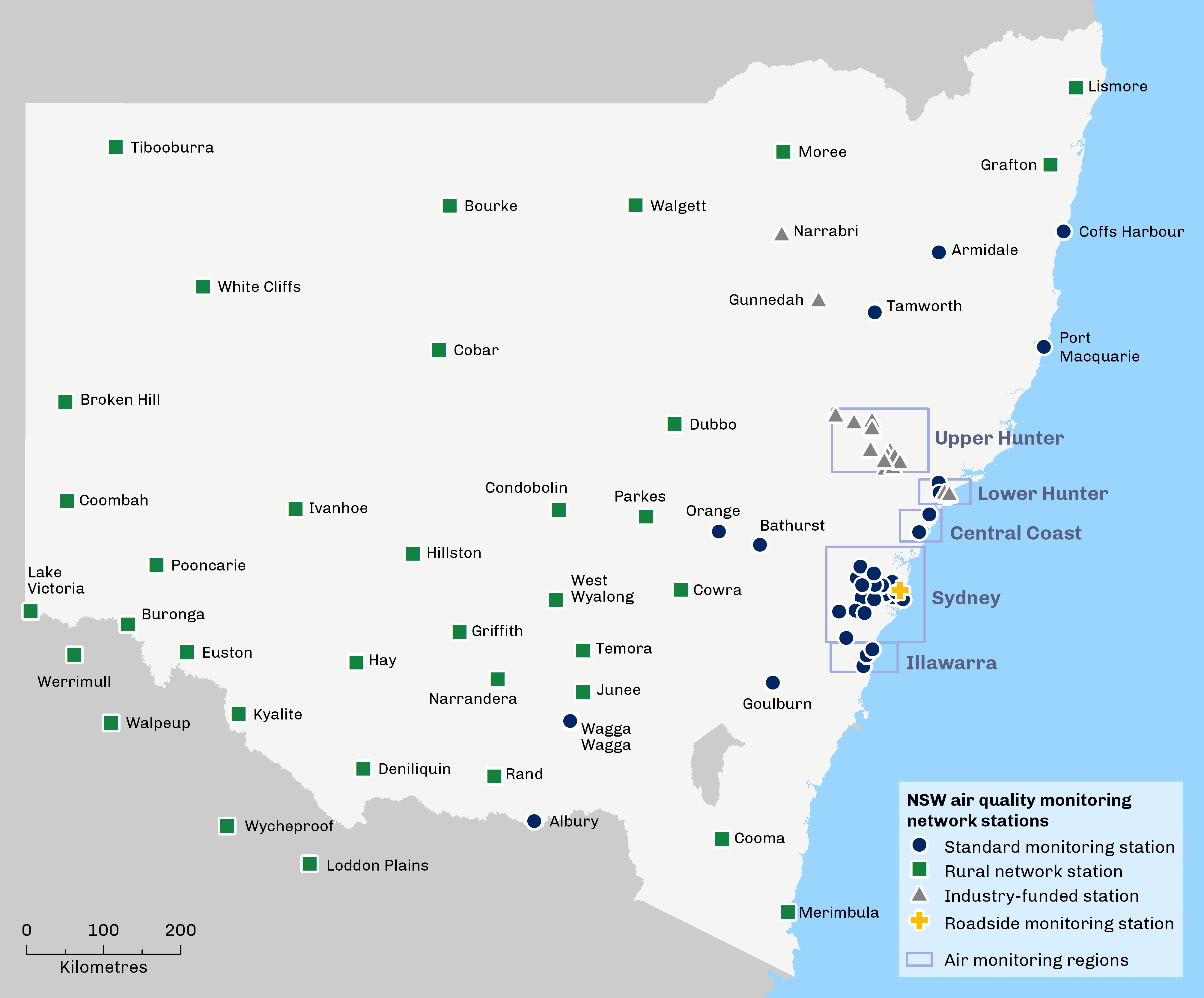 Map showing locations of air monitoring stations in New South Wales