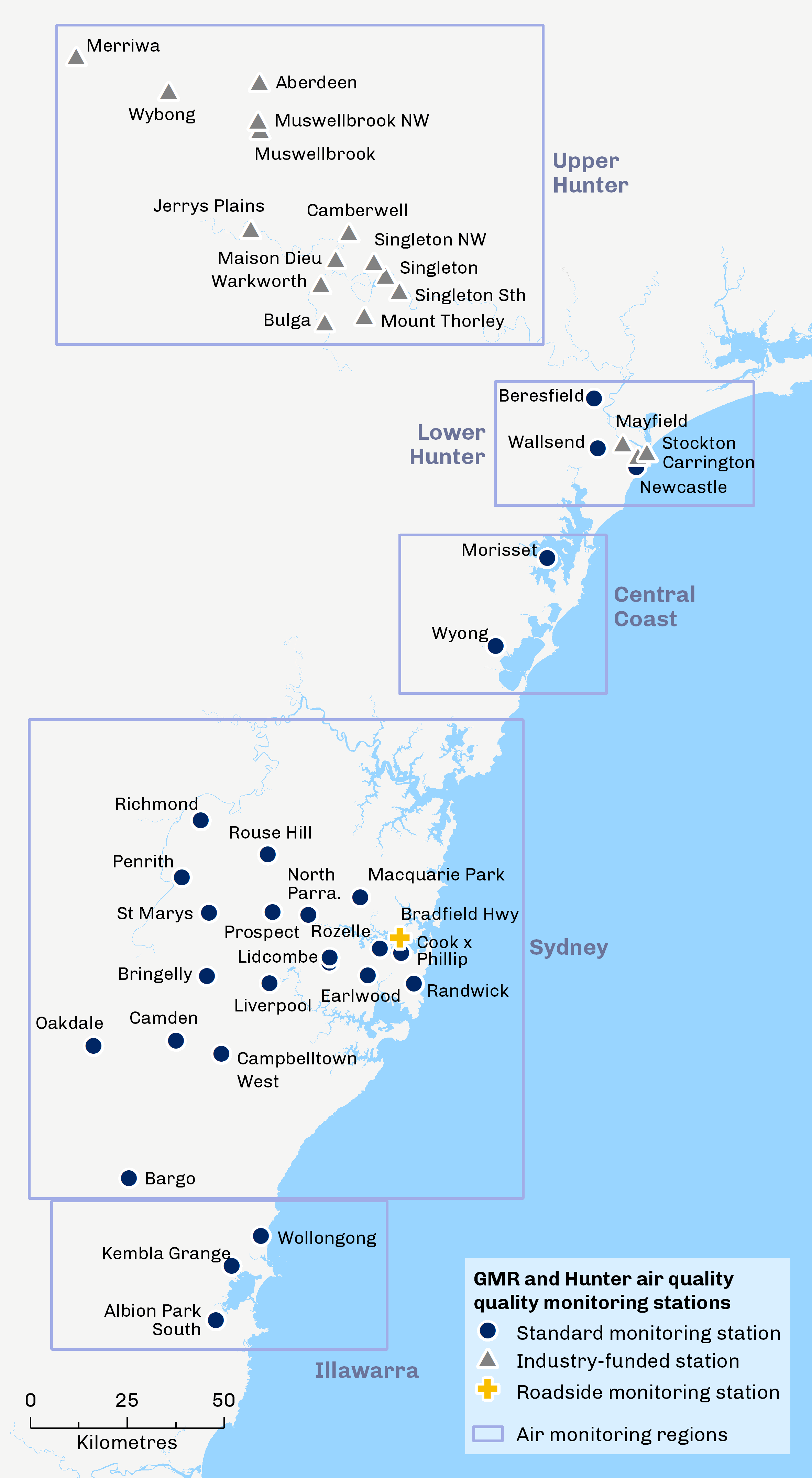 Close up of map showing locations of air monitoring stations in the Upper Hunter region and GMR