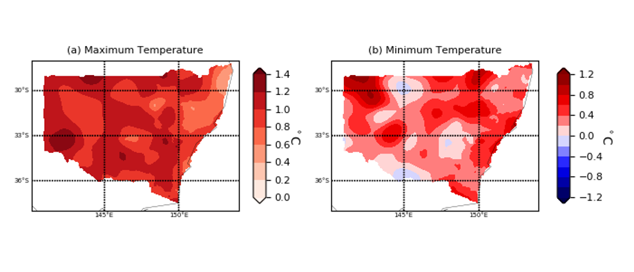 Relative change in cool season (April to October) temperatures comparing maximum and minimum temperatures from 2000-2019 with those from 1910–1999. Australian gridded climate data (AGCD) is used for analysis.