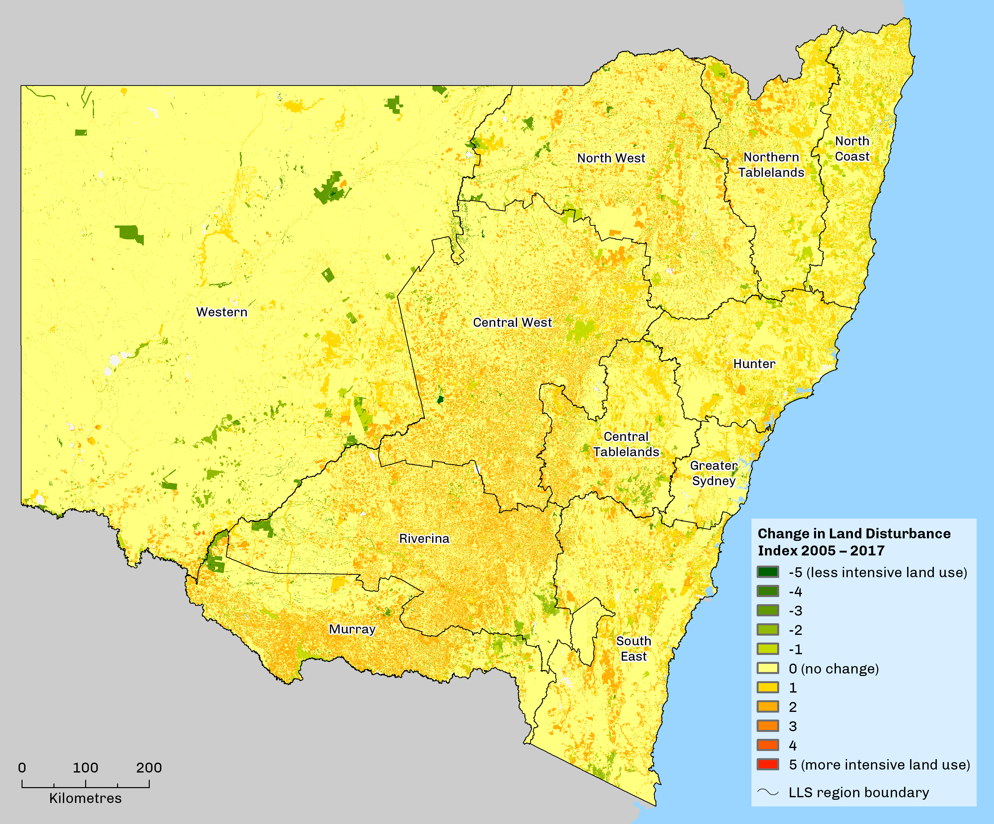 map showing change in land distrubance index