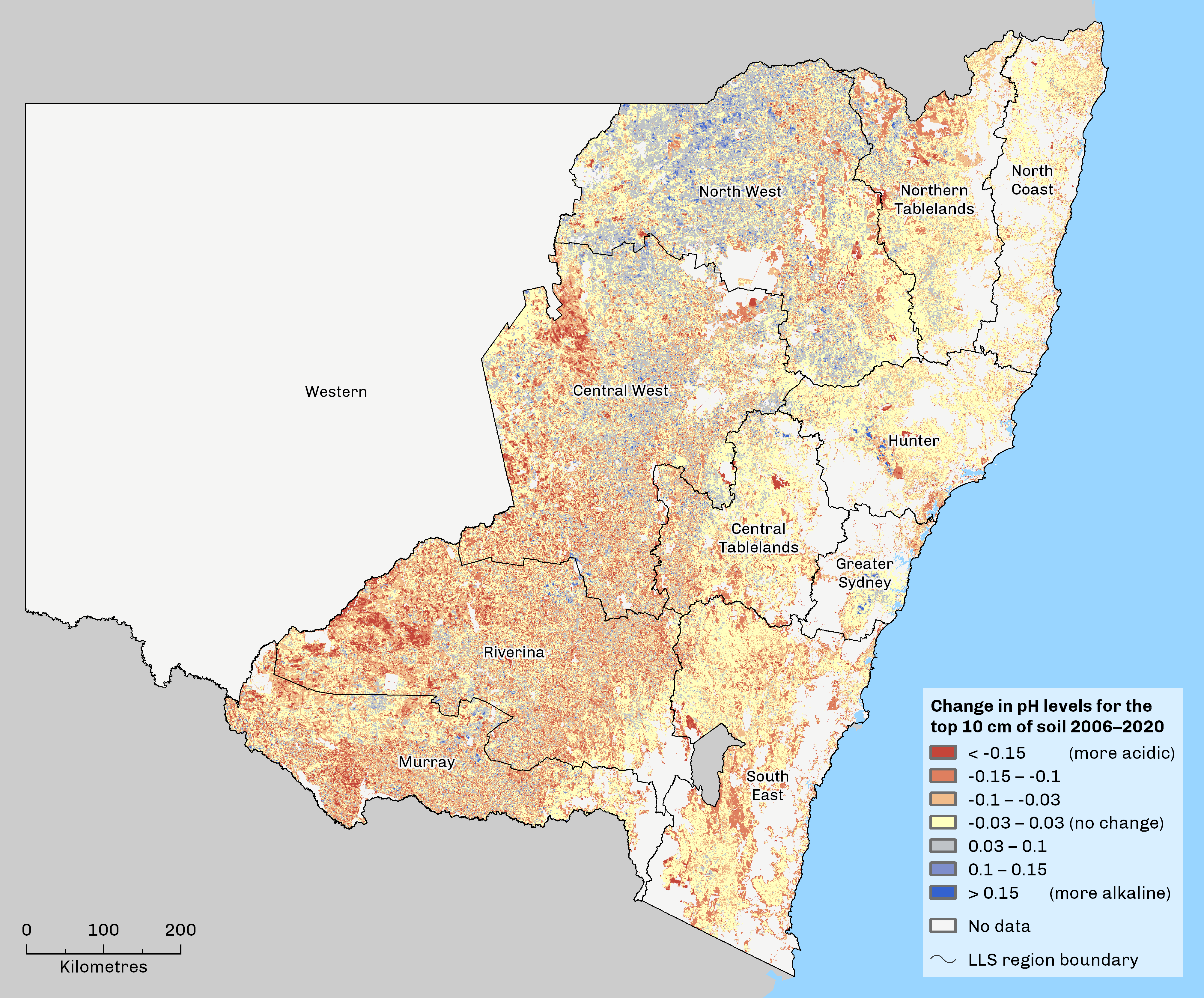 map showing change in soil ph between 2006 and 2020