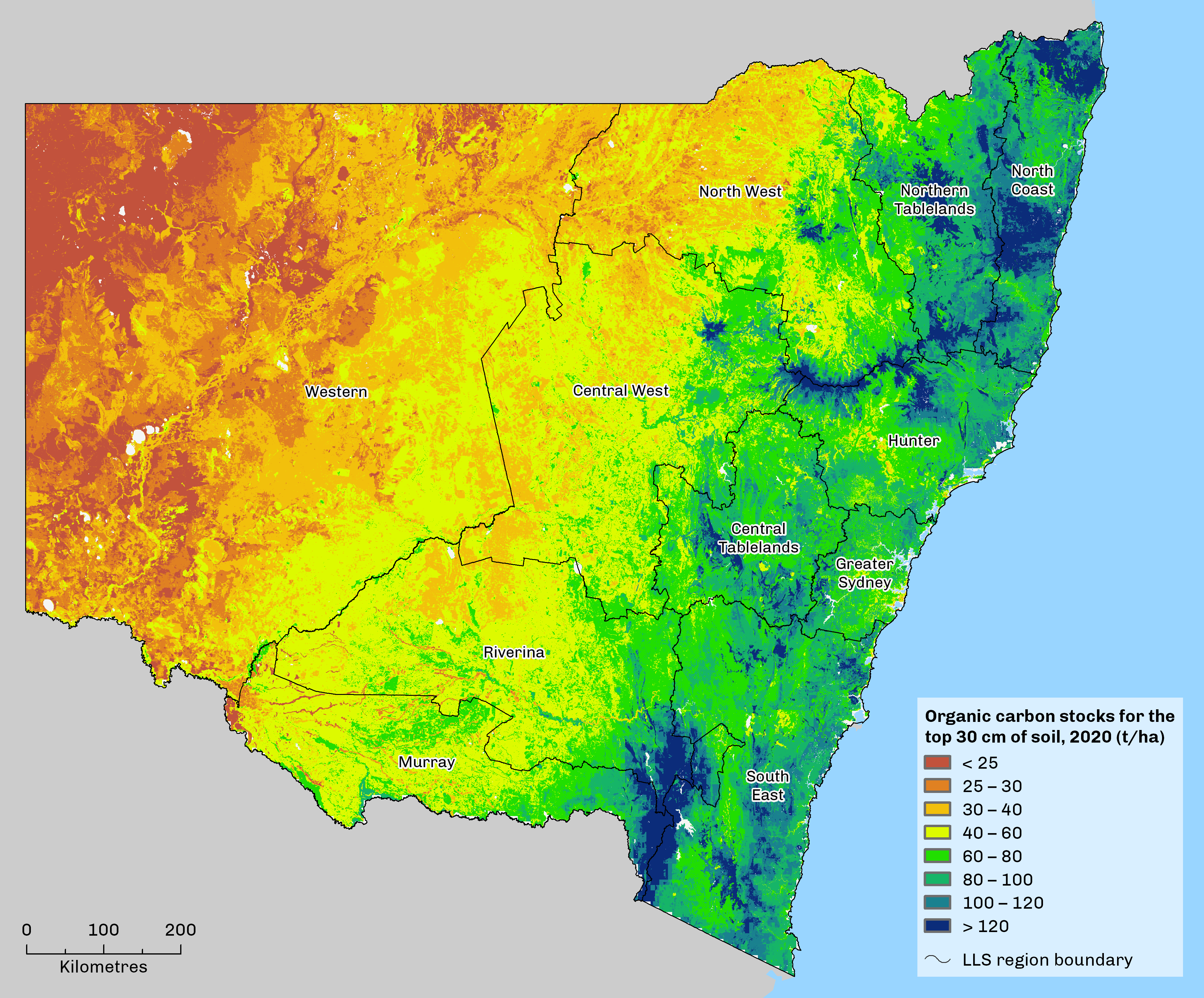 map showing soil organic carbon stock levels in NSW