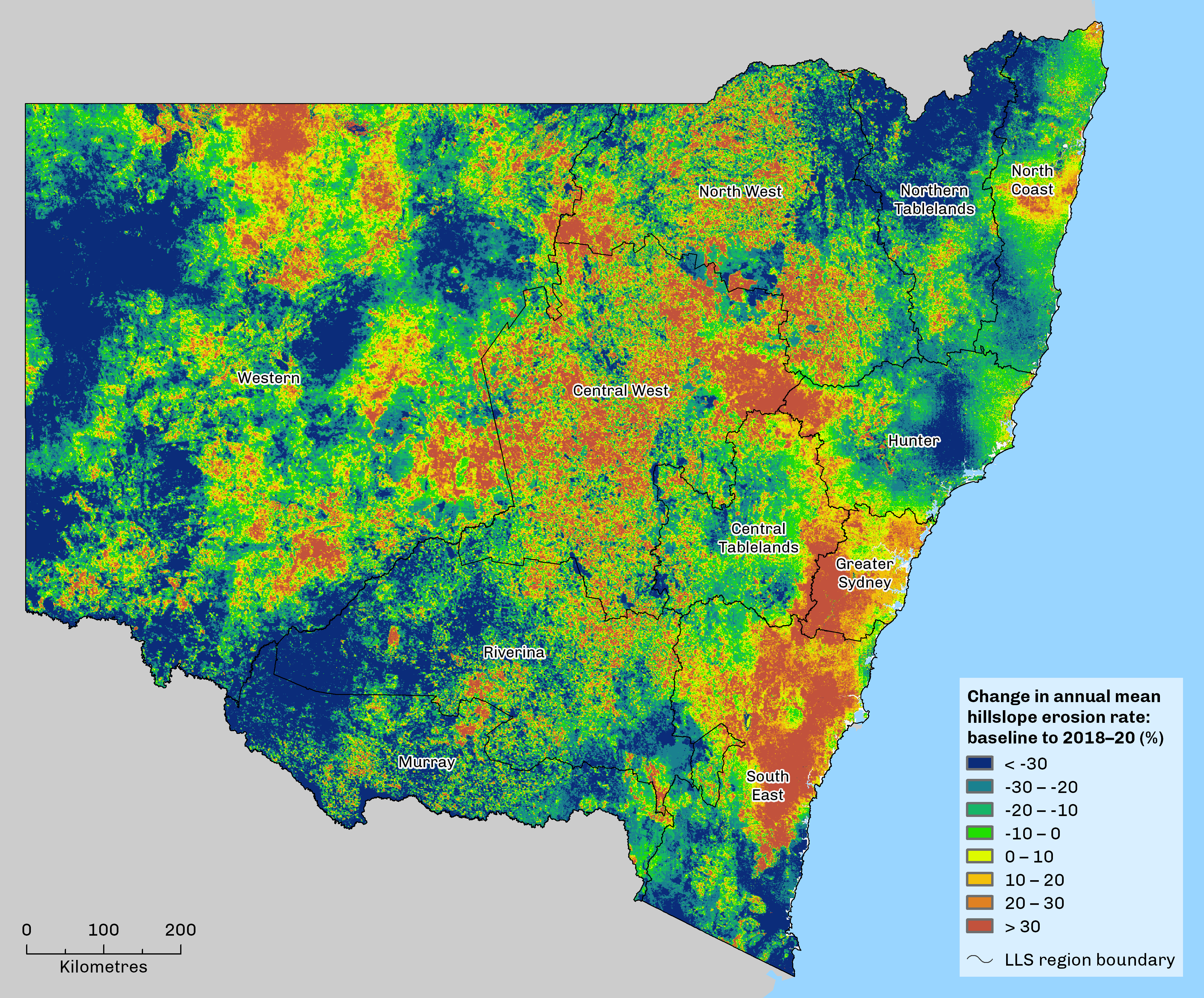 map showing change in hillslope erosion rate