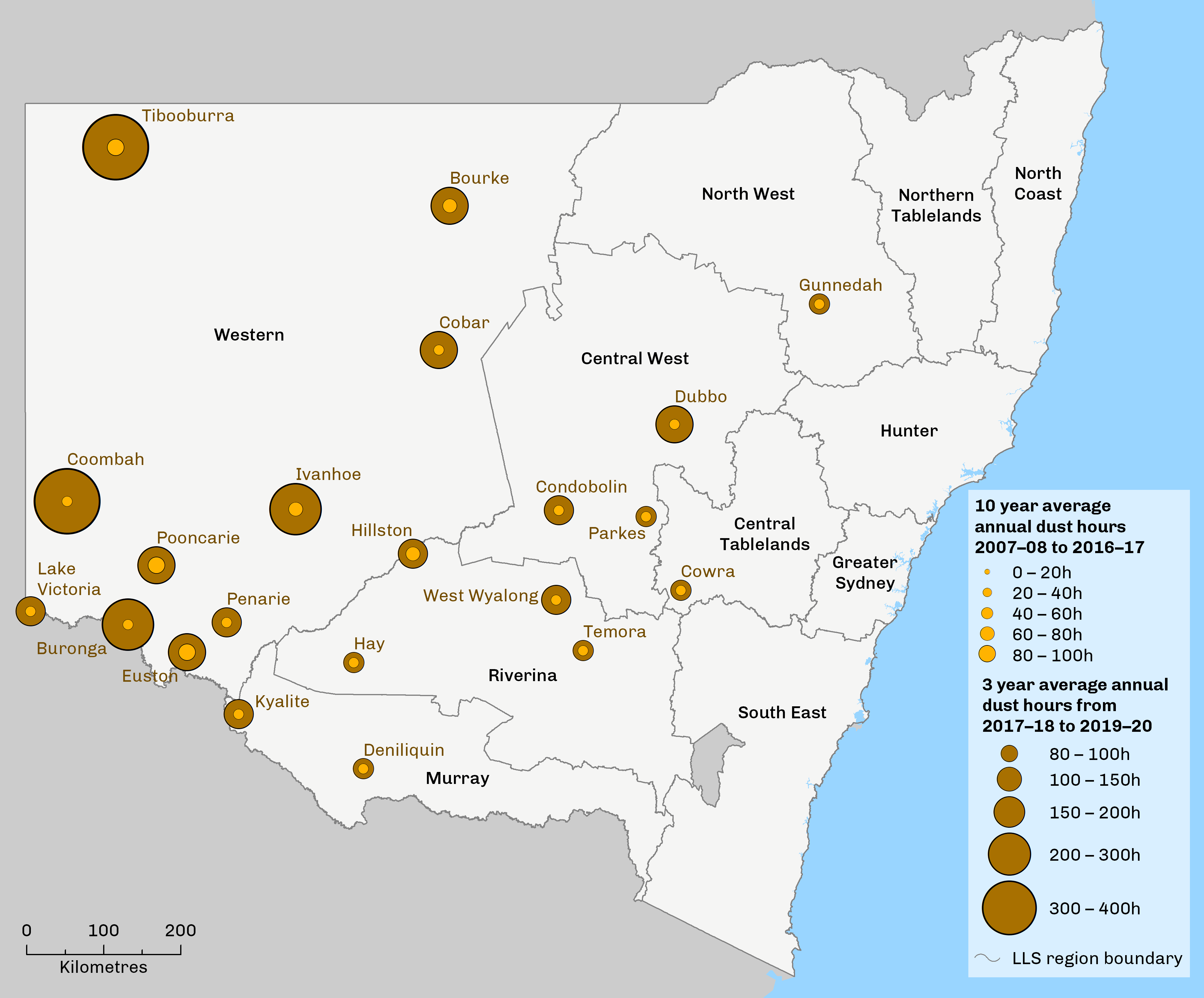 map showing verage number of dust hours per year, 2017–18 to 2019–20