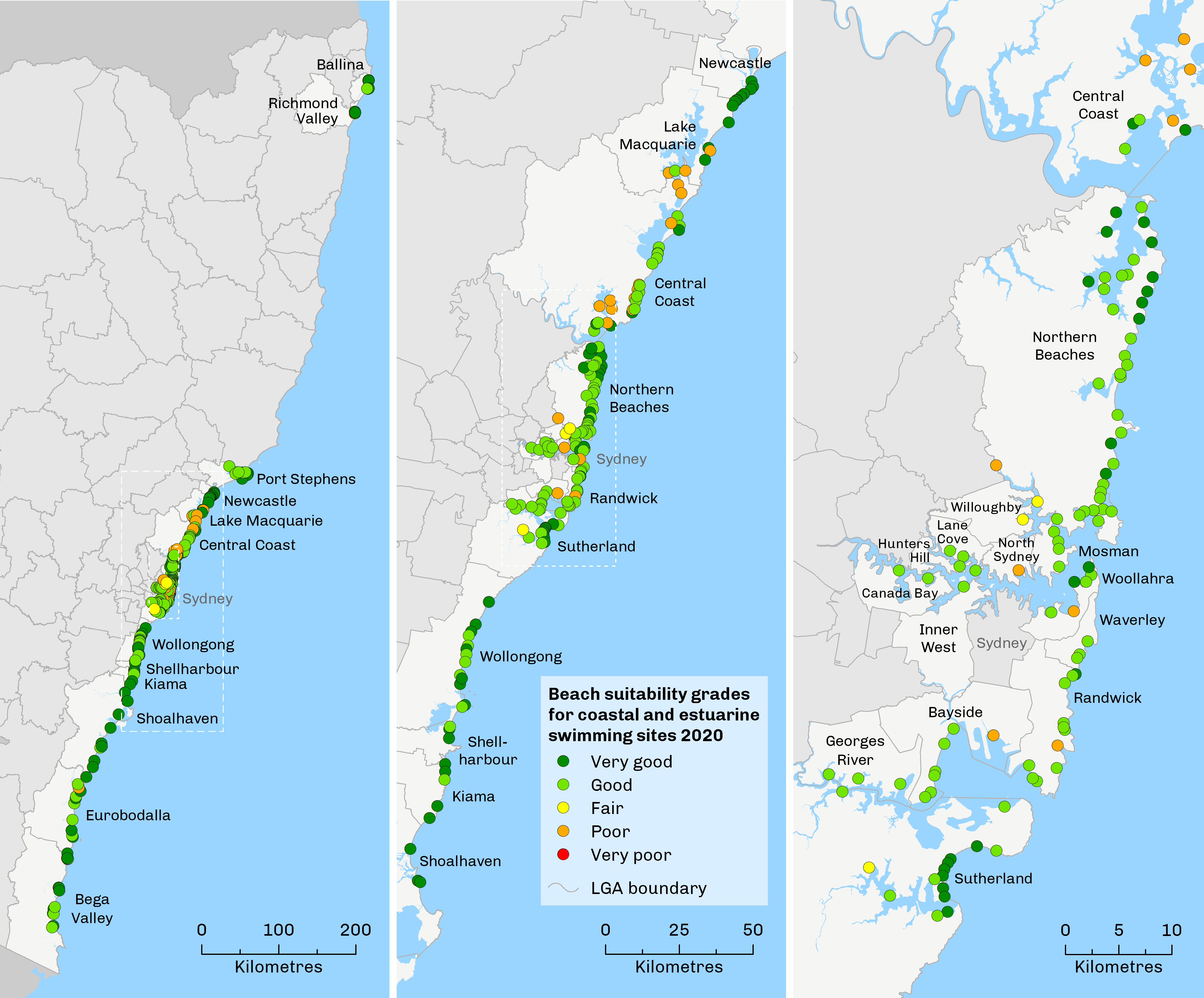 Map of beach suitability gradings from the Beachwatch program