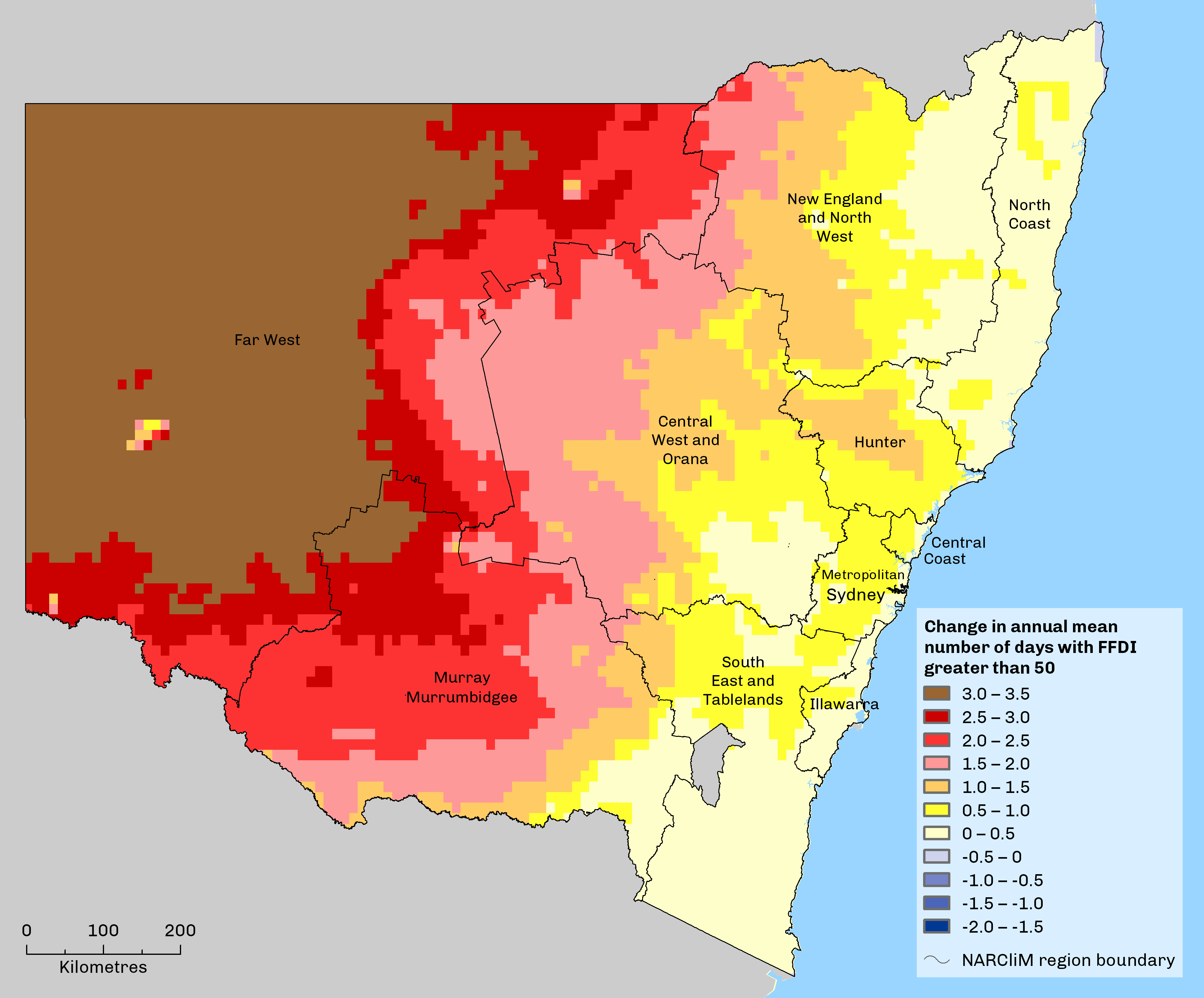 map showing change in annual mean number of days with Forest Fire Danger Index is greater than 50. Map shows that there is a greater increase in central NSW (greater than 3.5 additional days) with a lower increase along the coast (additional 0-1 days)