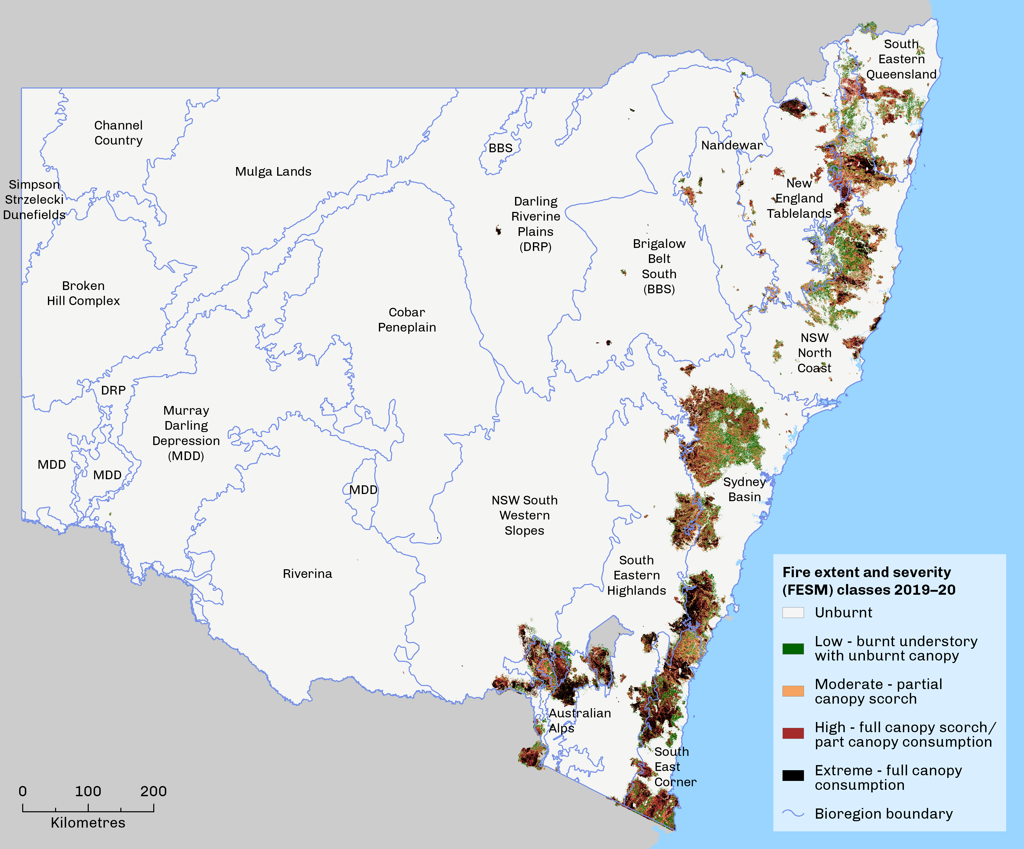 map that shows the extent and severity of the fires in NSW in the 2019–20 fire season