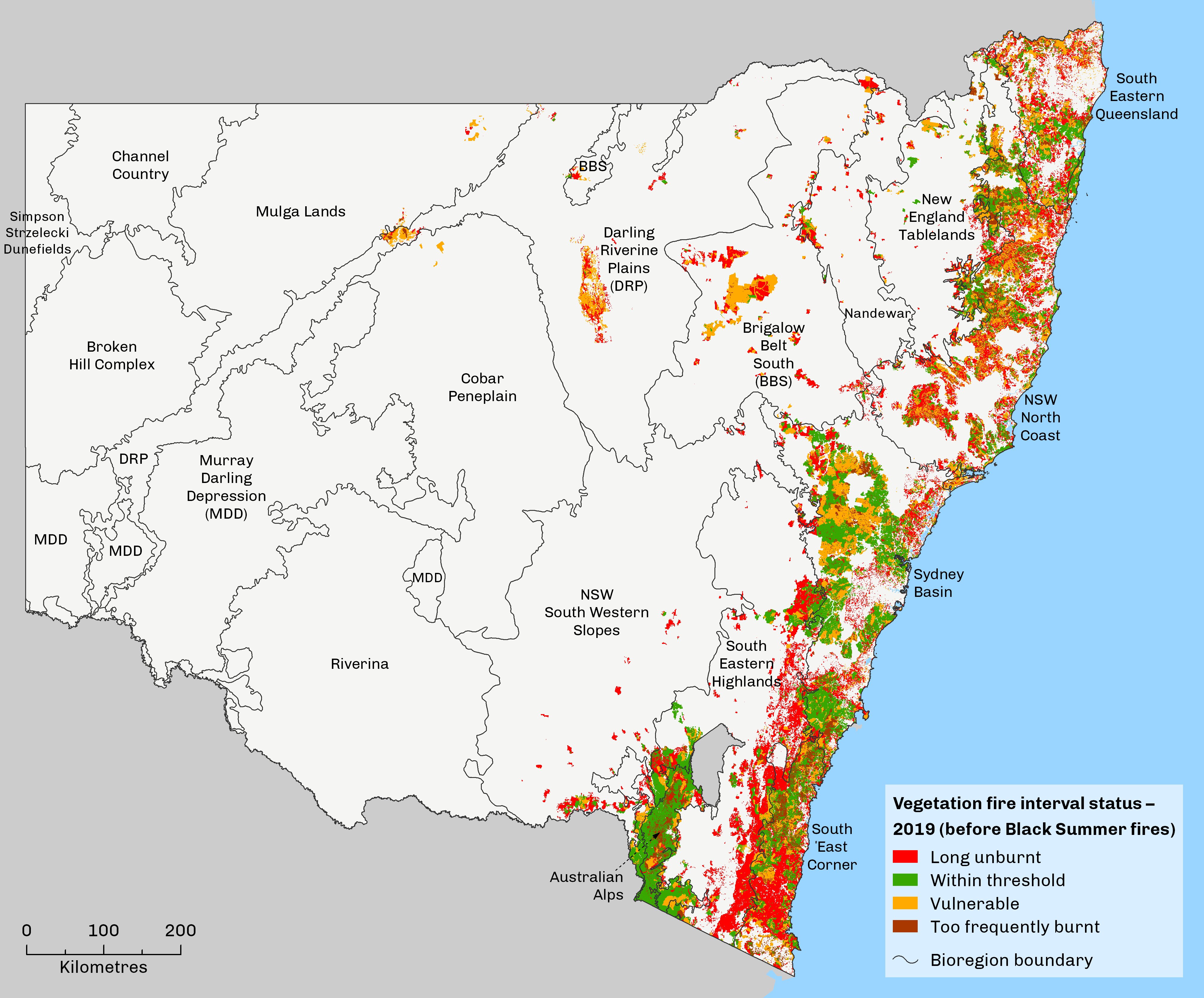 Map showing vegetation fire threshold status, before black summer fires