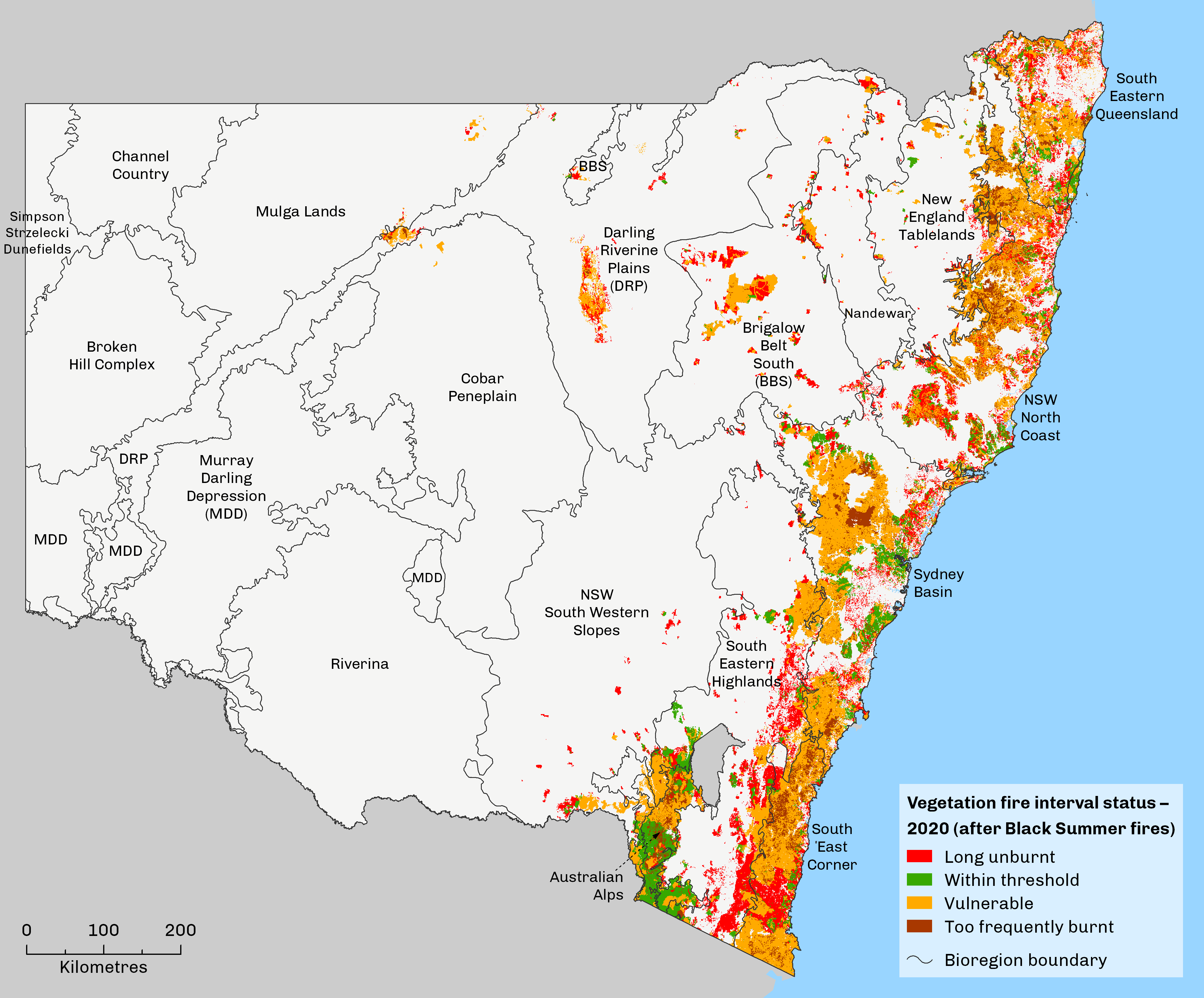 map showing vegetation fire threshold status, after black summer fires