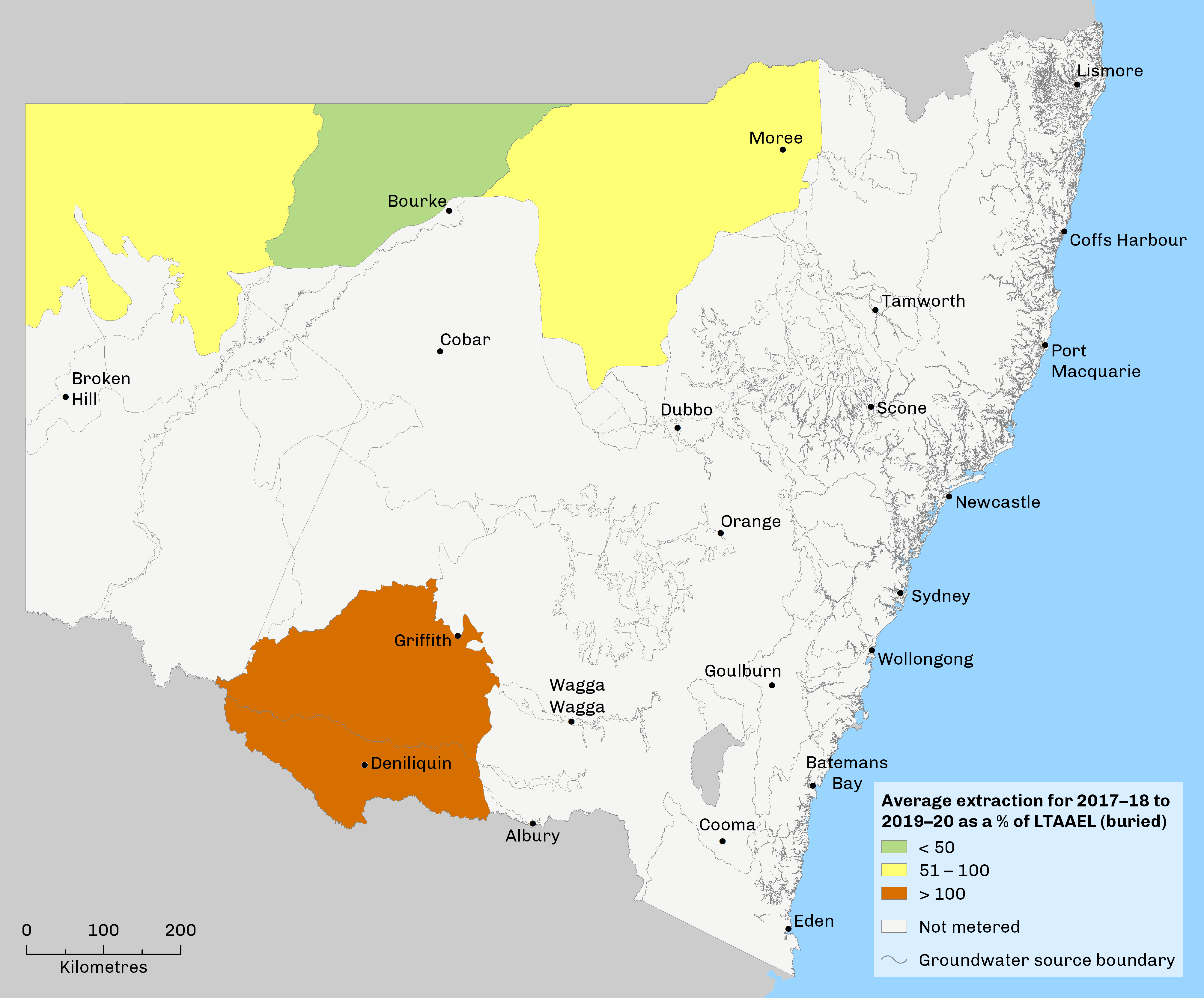 Map of NSW showing Extraction from buried groundwater sources as a percentage of the long-term average annual extraction limit 2016–17 to 2019–20