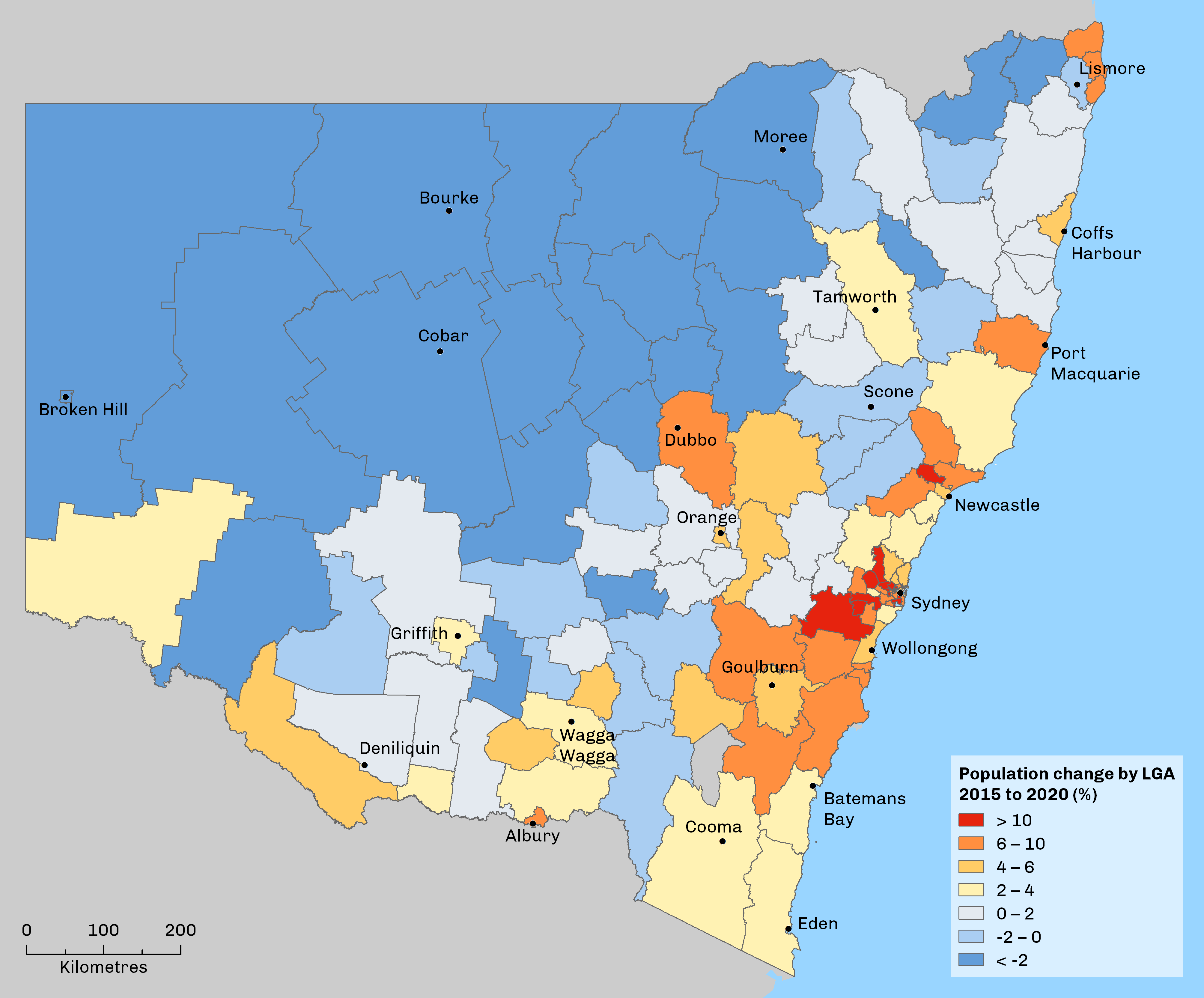 Map of NSW showing population change, with most growth occurring in north west and south west Sydney regions, and least change occurring in north west and western NSW