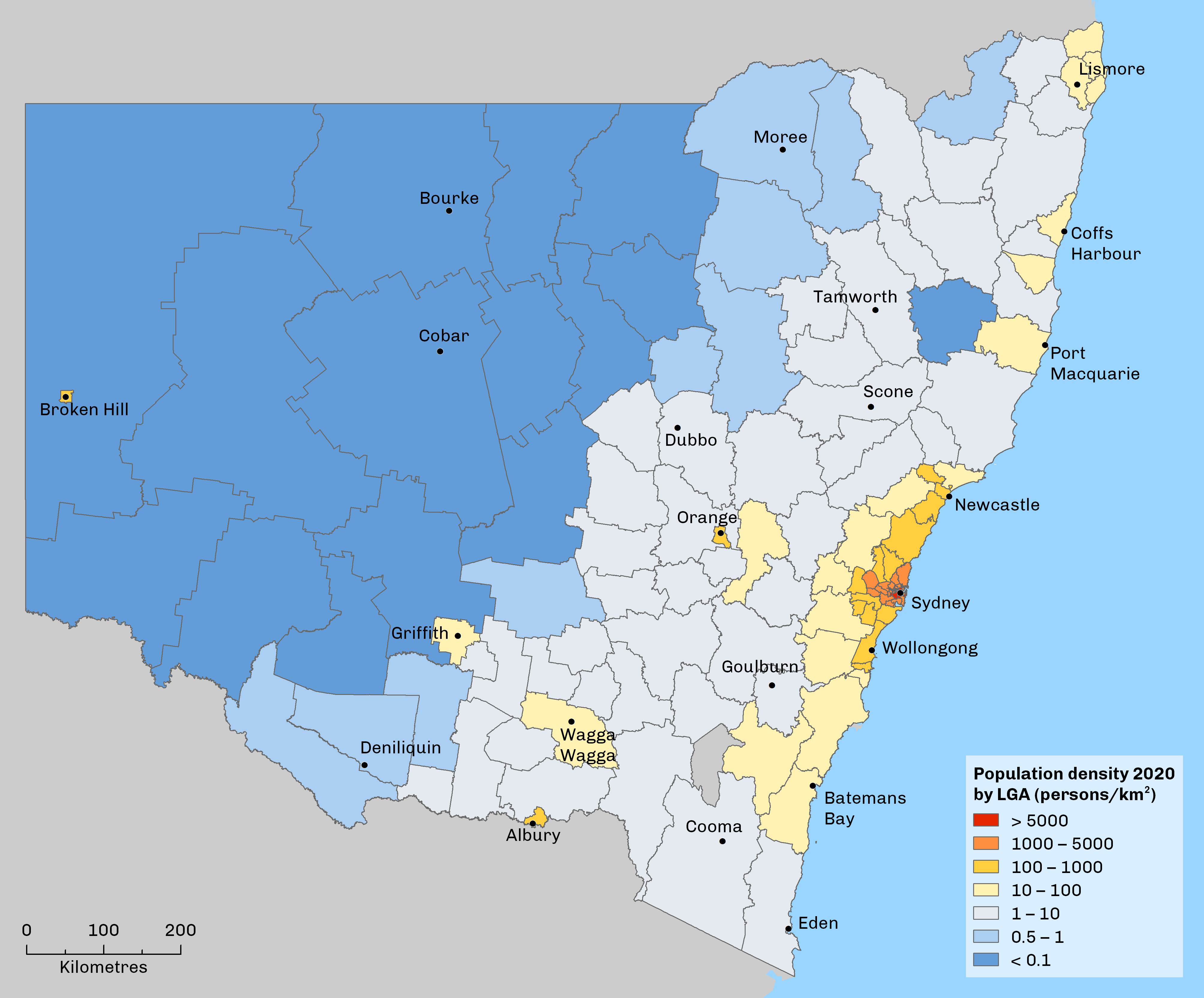Map showing population density with lowest density in the north, south and central west of NSW and greatest density in Sydney and surrounds.