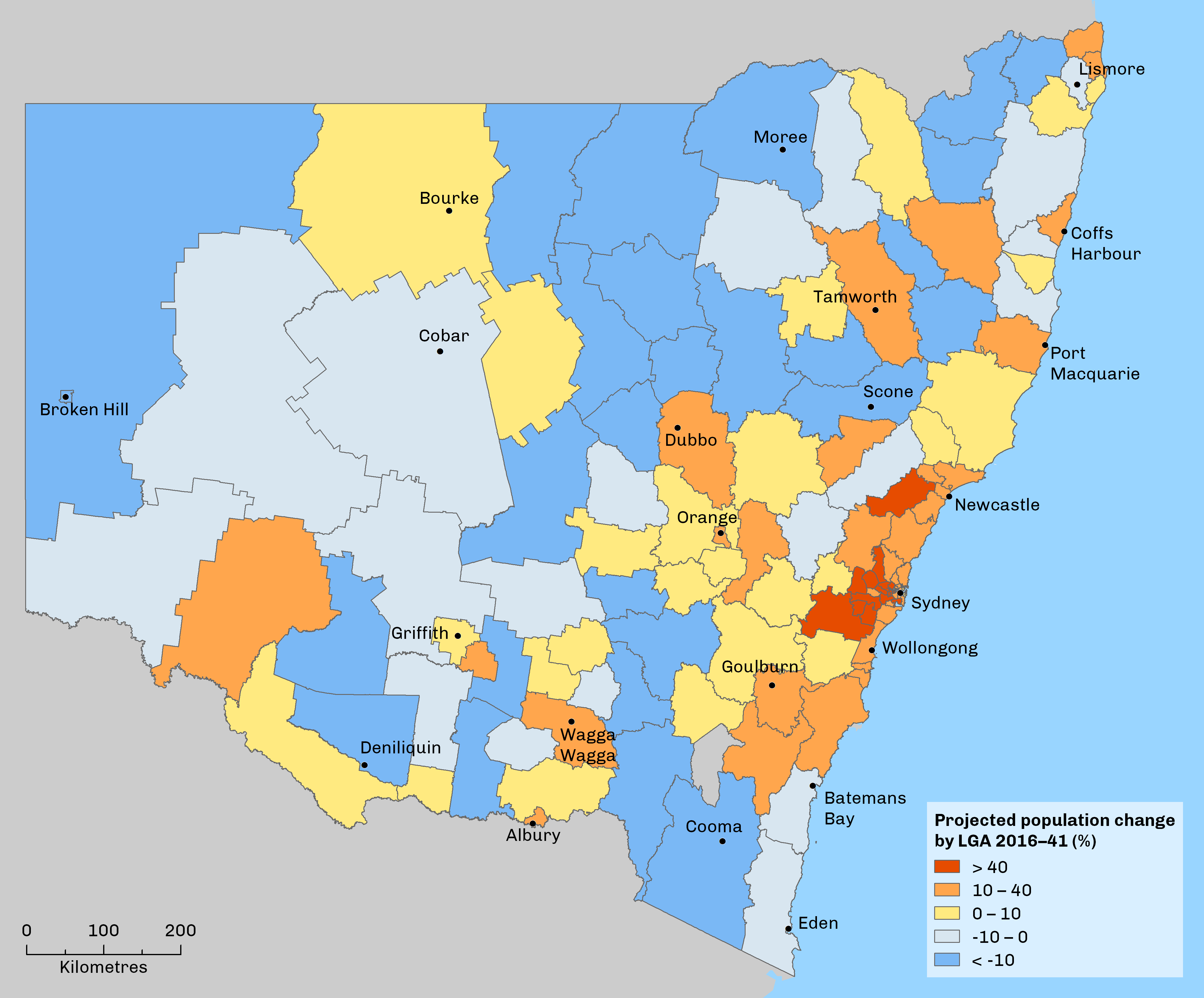 Map showing projected population change for each local government area, with most growth occurring in north west and south west Sydney regions, and least change occurring in central and western NSW