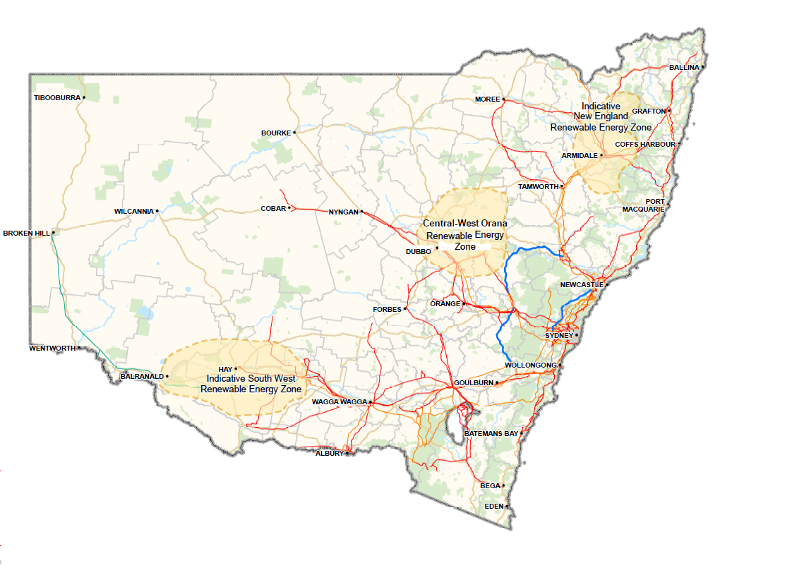 map showing NSW's renewable energy zones in new england, central west and south west NSW