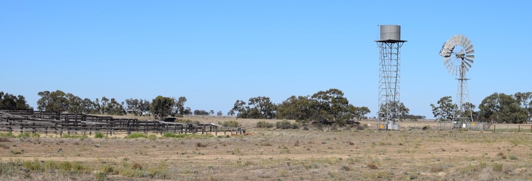 View across dry paddock in Hay with water towers on skyline