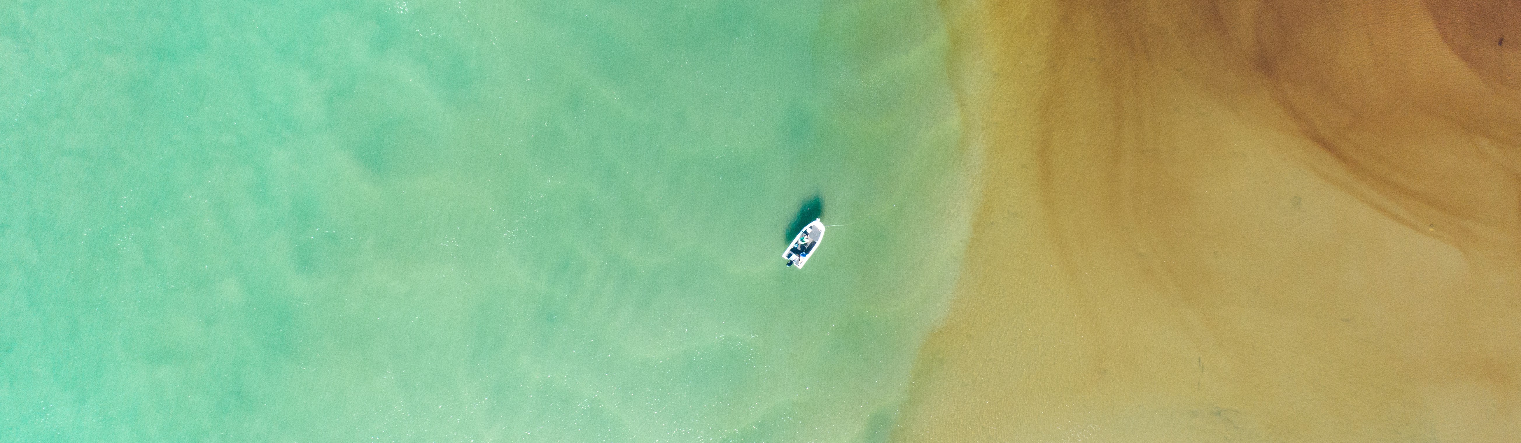 Aerial photo over NSW shoreline with boat floating in shallow water