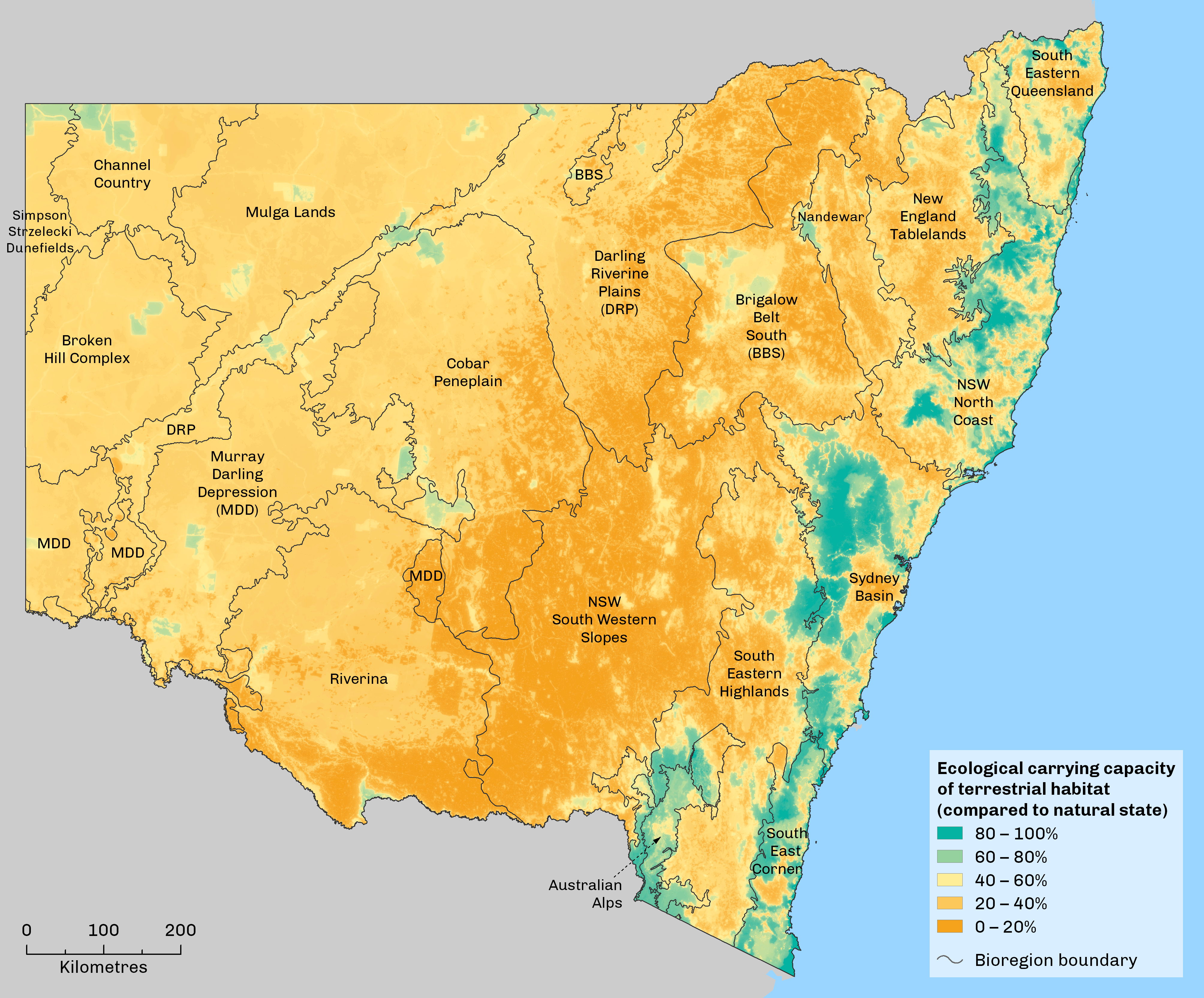 Map: Ecological carrying capacity of terrestrial habitat in New South Wales in 2013. Results are a percentage relative to pre-European settlement