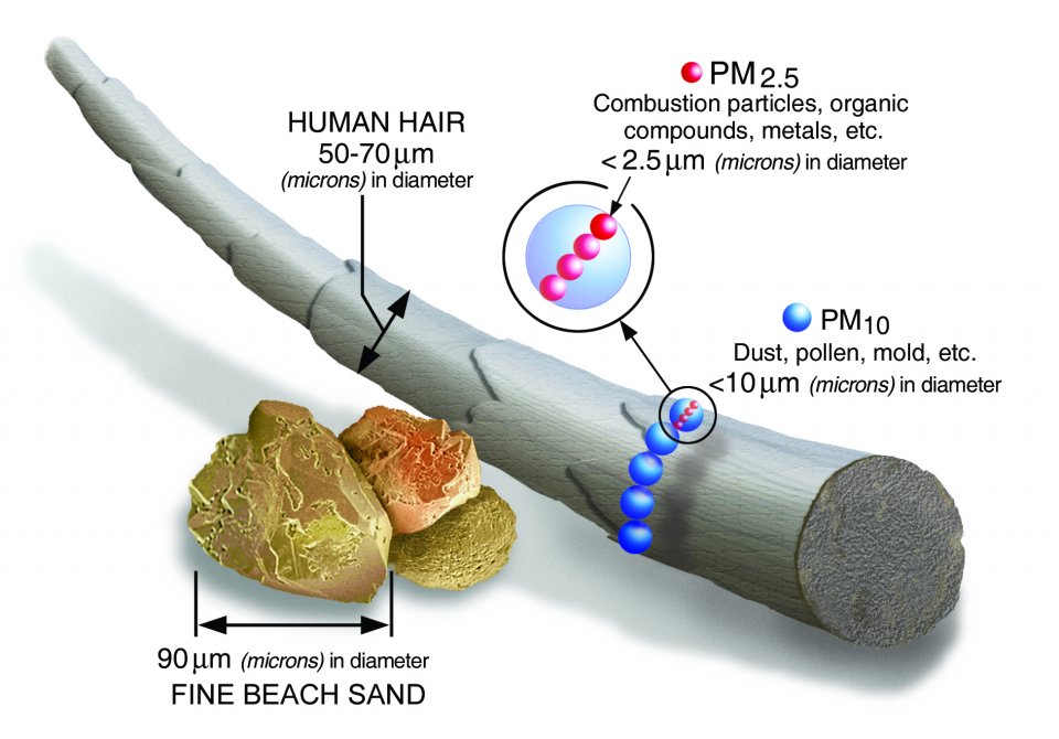 A diagram showing the comparison of the size of fine beach sand (90 microns), human hair (50-70 microns), PM10 particle (10 microns) and PM2.5 particle (2.5 microns).