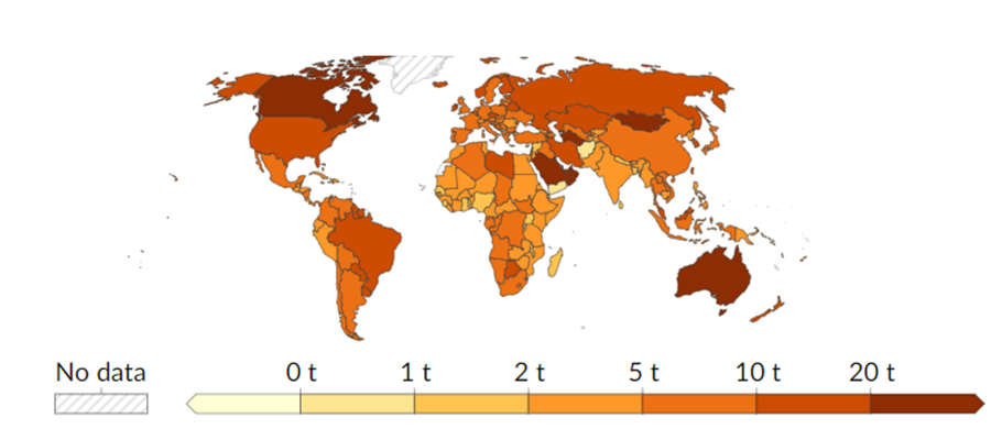 A map of the world, showing each country coloured by per capita greenhouse gas emissions in 2022. Darker shades indicate higher emissions, ranging from light yellow (0 tonnes) to dark brown (over 20 tonnes). Areas with no data are shaded in grey with diagonal lines