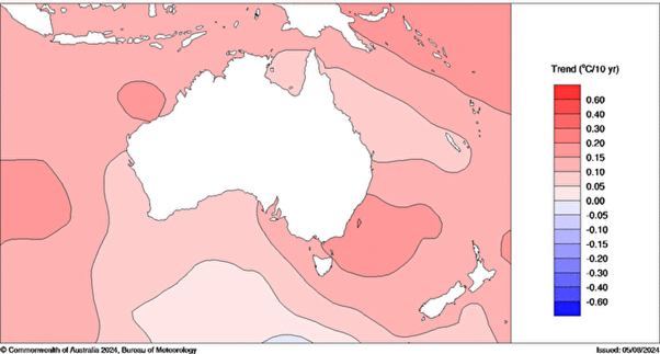 Map C1.1: Trend in Australian region sea surface temperatures, 1970–2023