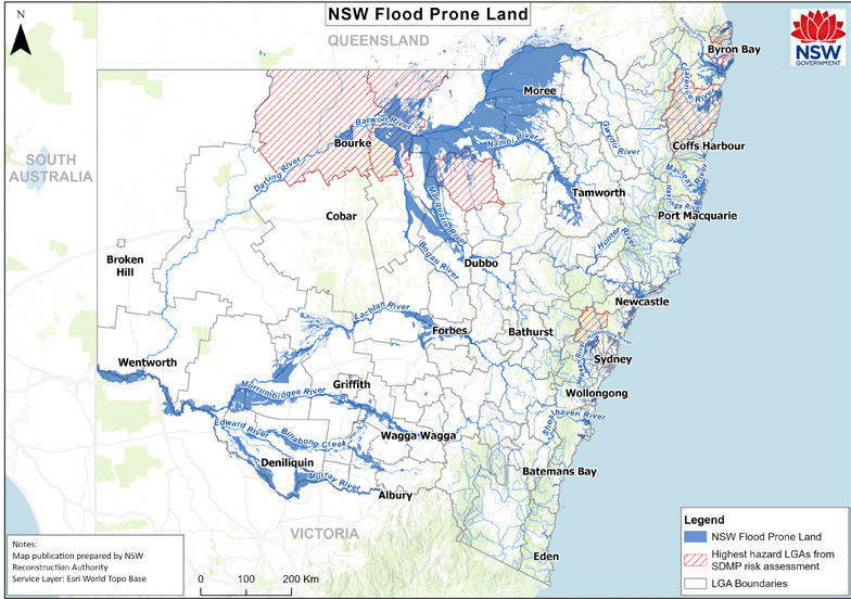 A map of New South Wales depicting flood-prone land