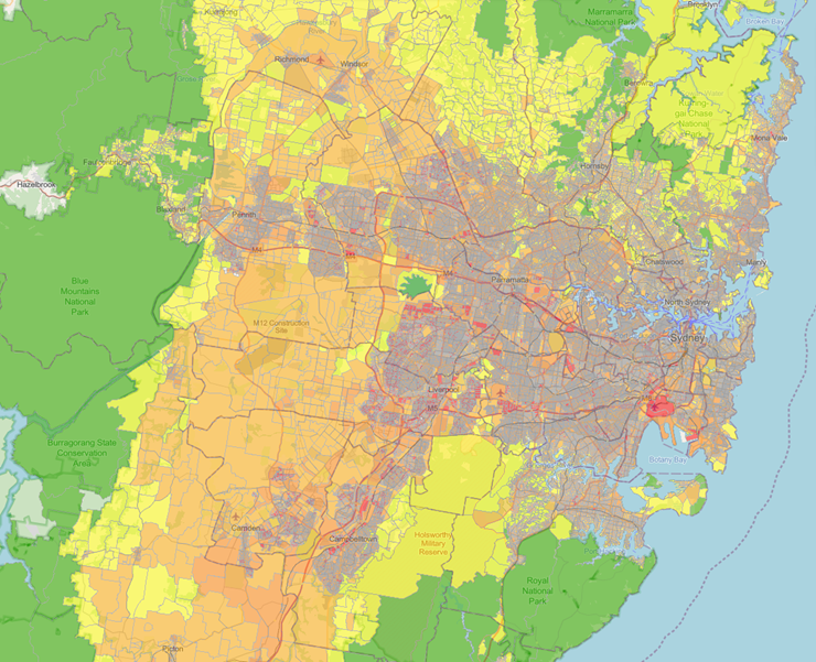 A map of Sydney showing temperatures relative to a baseline taken from well vegetated urban areas. The map depicts urban heat island effects