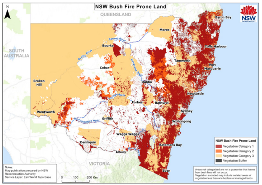 A map of New South Wales depicting bushfire-prone lands
