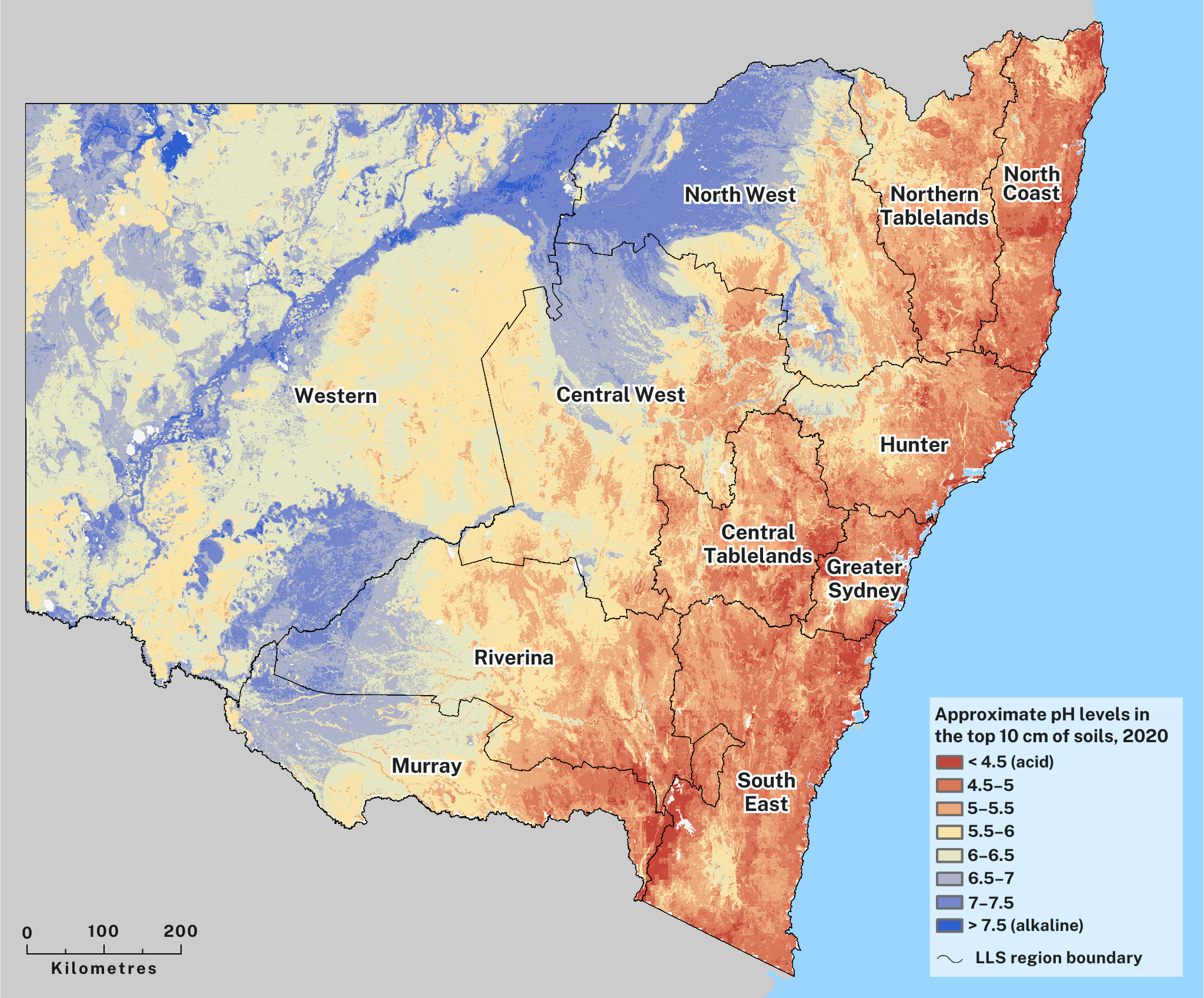 Percentage changes in hillslope erosion, with decreases in blue and increases over 30%, highlighted in red