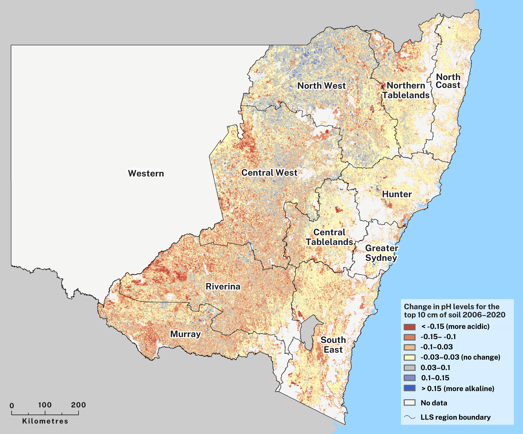 Modelled change in pH levels for the top 10 cm of soil between 2006-2020, ranging from more acidic to more alkaline